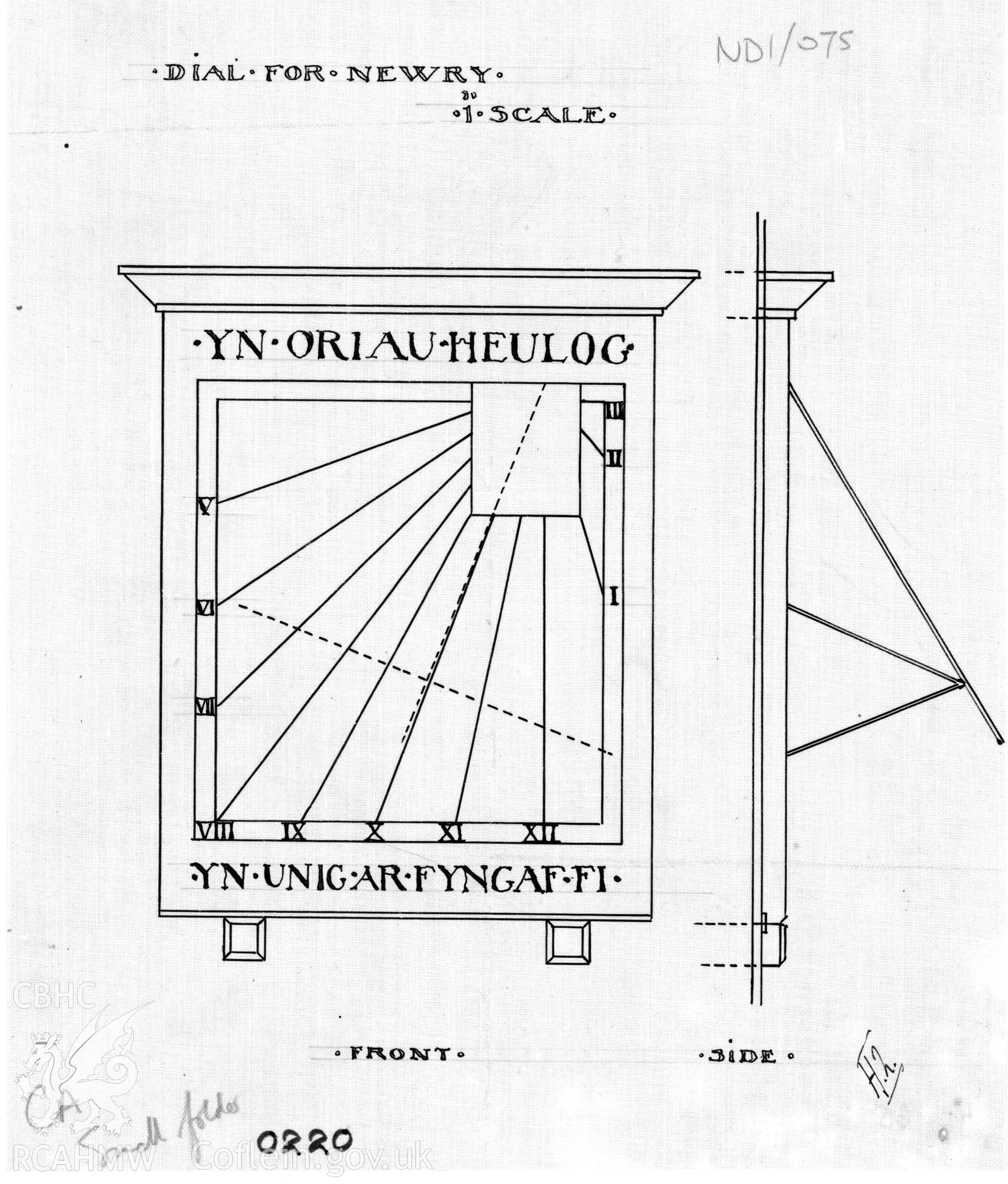 Design drawing of a sundial for Newry, ink on waxed linen, scale one foot to one inch.