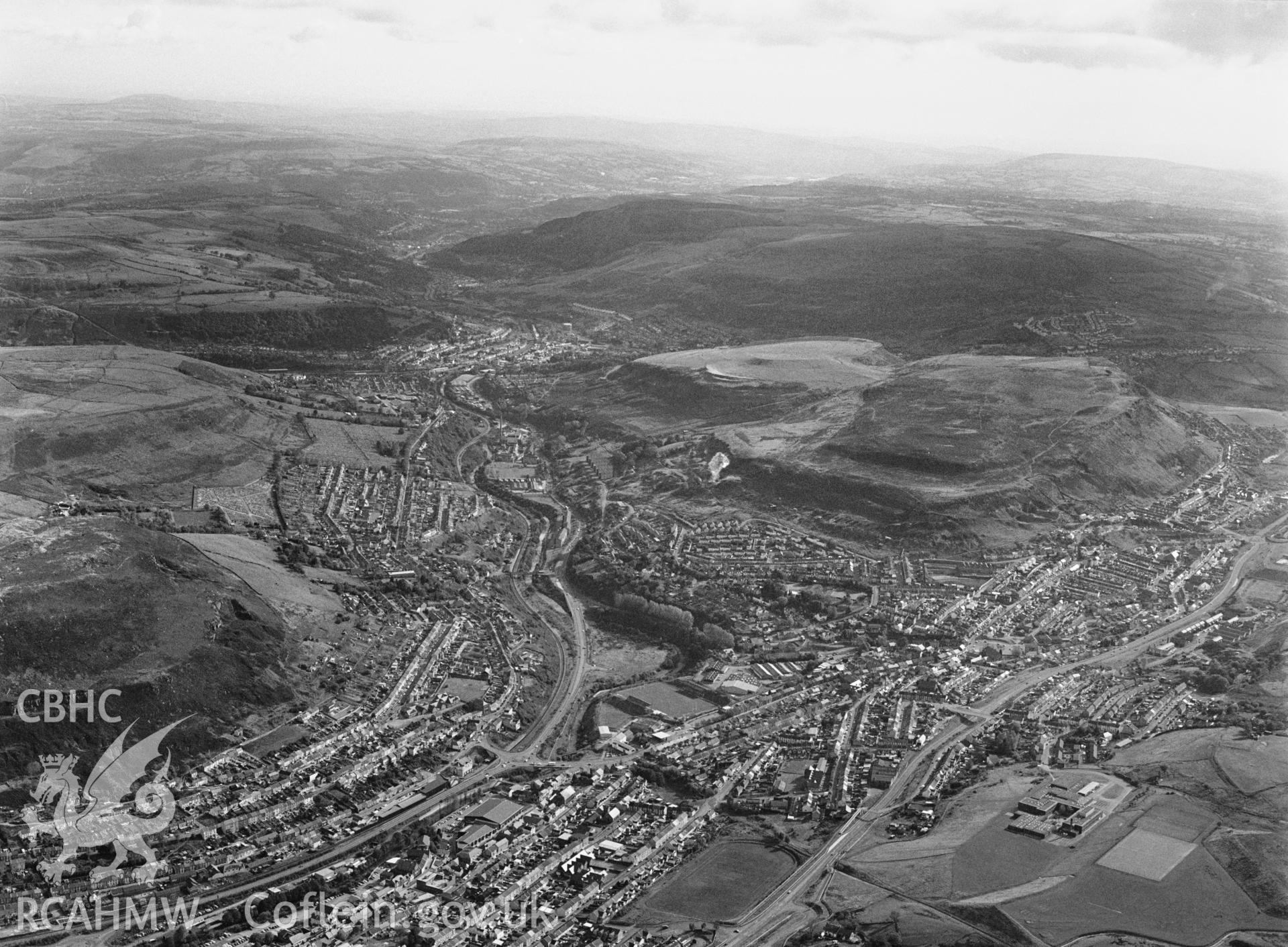 RCAHMW Black and white oblique aerial photograph of Tonypandy, taken on 17/10/1992 by CR Musson