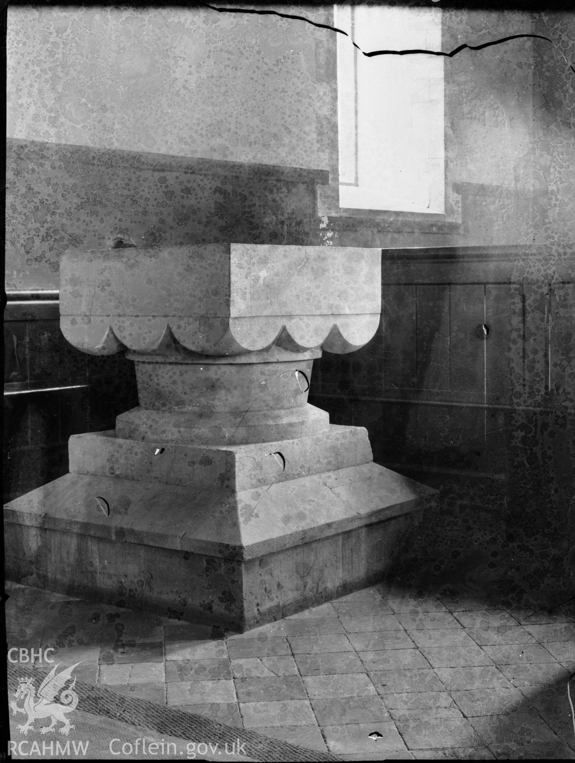 Black and white photo showing font at St Dogmaels(?)