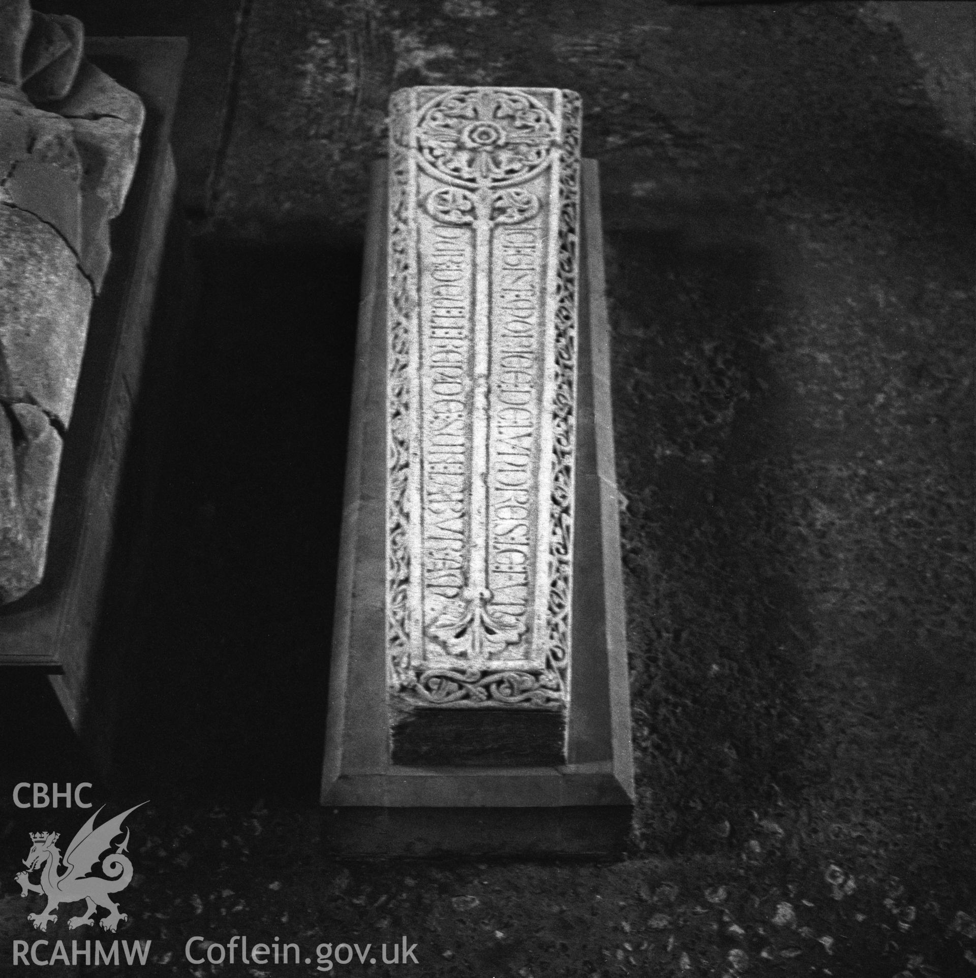 1 b/w print showing tombstone at Ewenny Priory; collated by the former Central Office of Information.