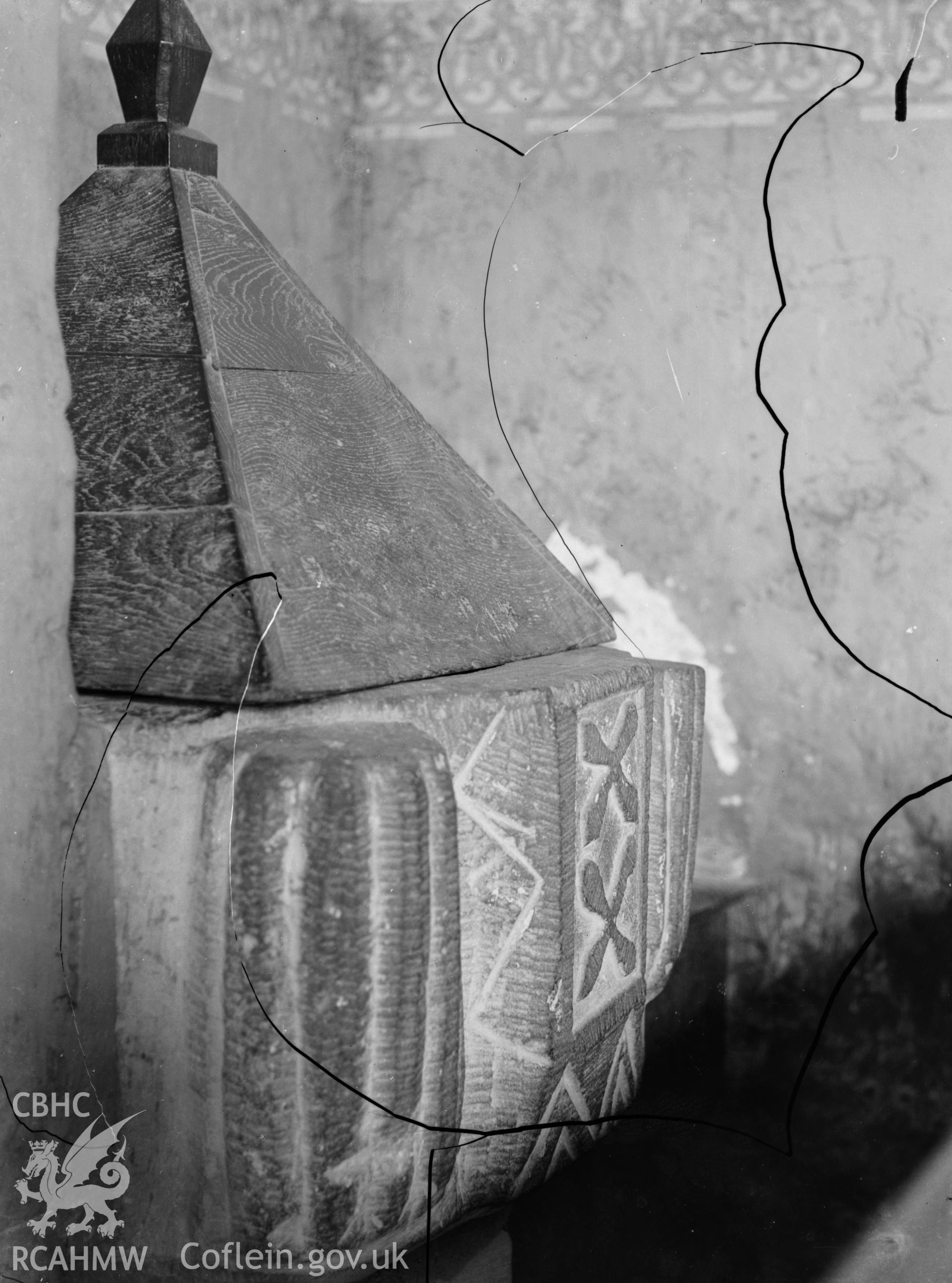 Black and white photo showing the font at Bangor Teifi Church.