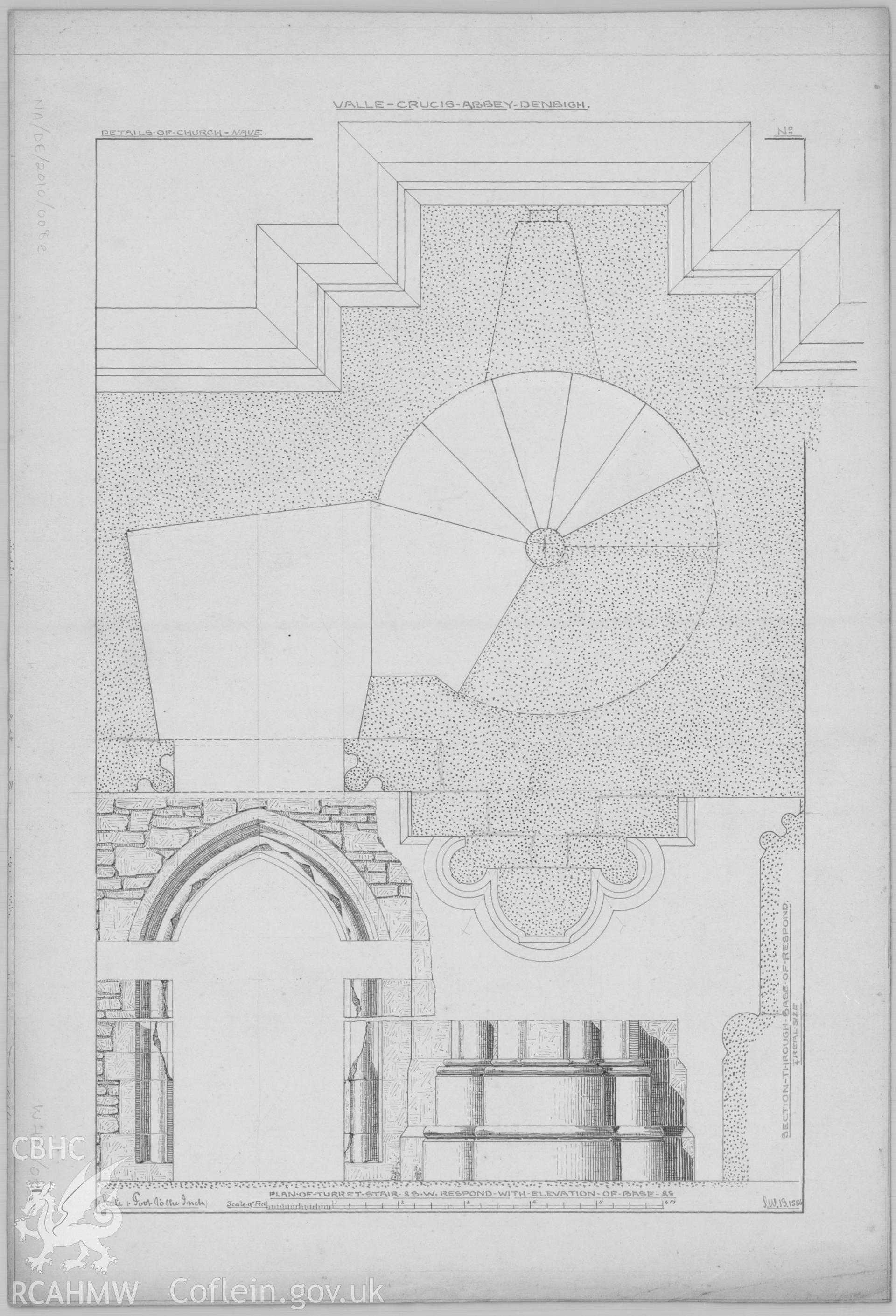Original architectural drawing in pencil and ink showing details of the Church Nave at Valle Crucis Abbey, including a plan of the turret stair and SW respond with elevation of the base. Produced by Hayward Brakspear and Sons in 1886.