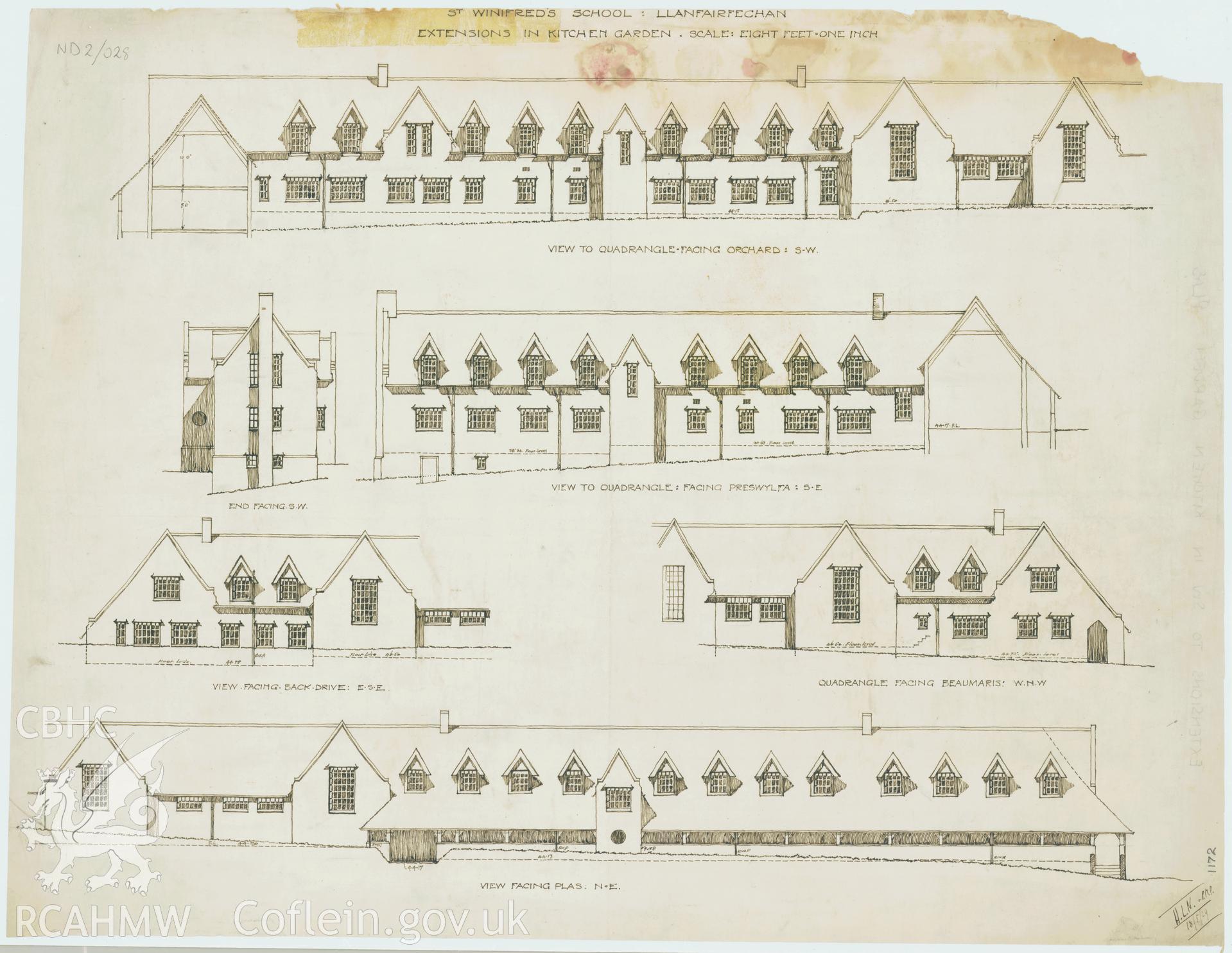 Elevations of extensions in the kitchen garden, to St Winifred's School, Llanfairfechan. Ink on paper, scale eight feet to one inch.