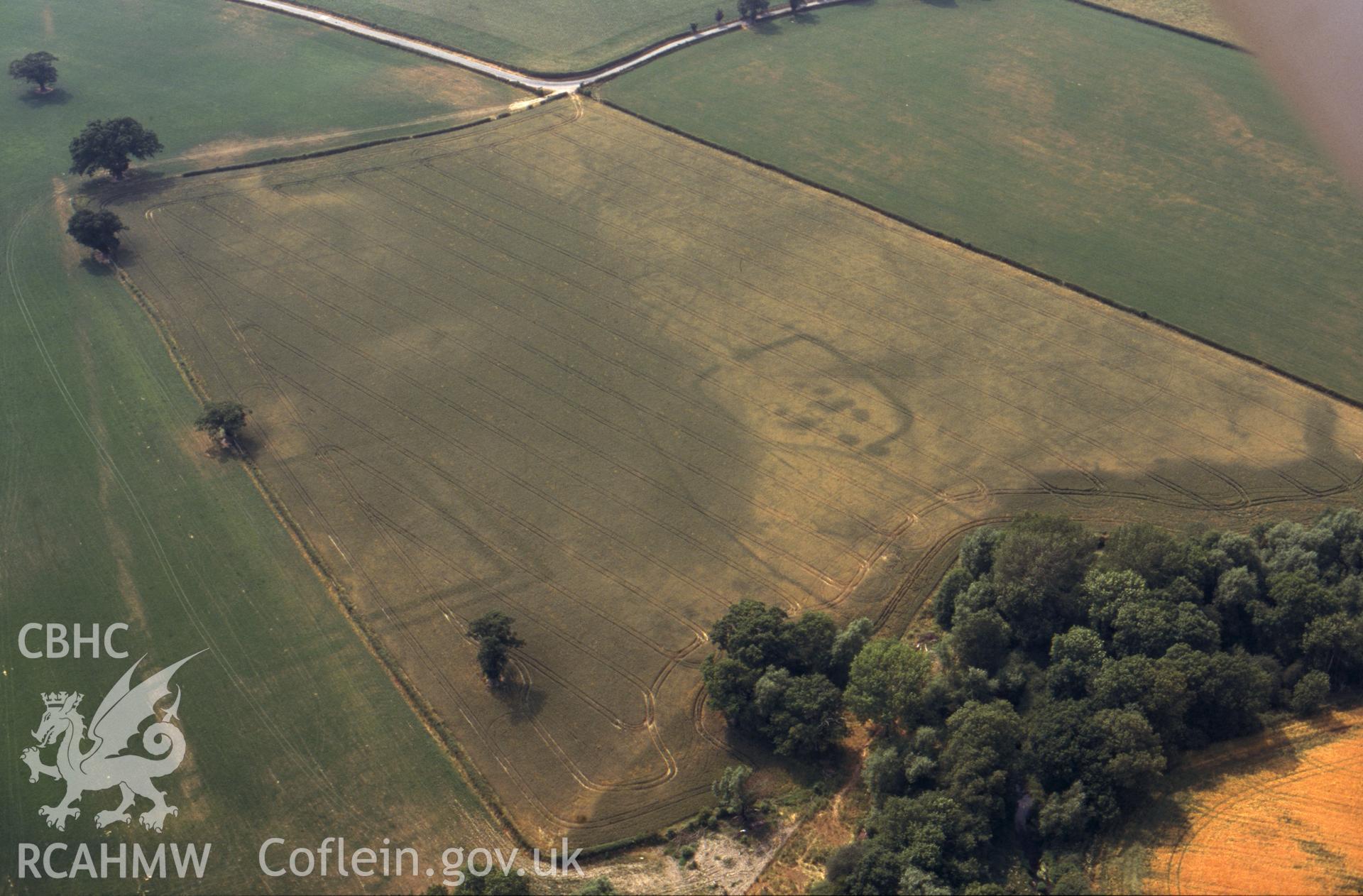 Slide of RCAHMW colour oblique aerial photograph of Forden Gaer enclosure, taken by C.R. Musson, 1995.