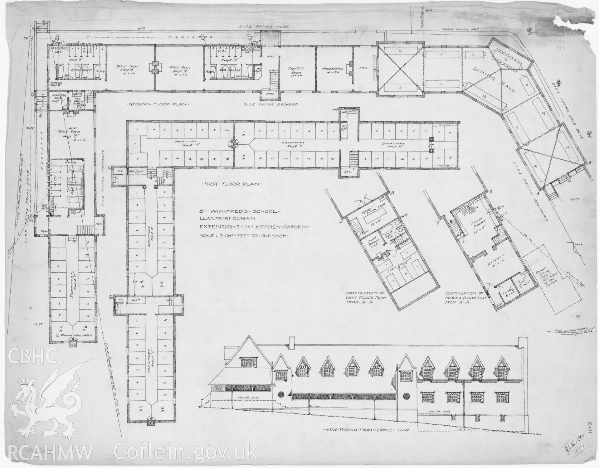 Plans and elevation of extentions, in the kitchen garden, to St Winifred's School, Llanfairfechan. Ink on paper, scale eight feet to one inch.