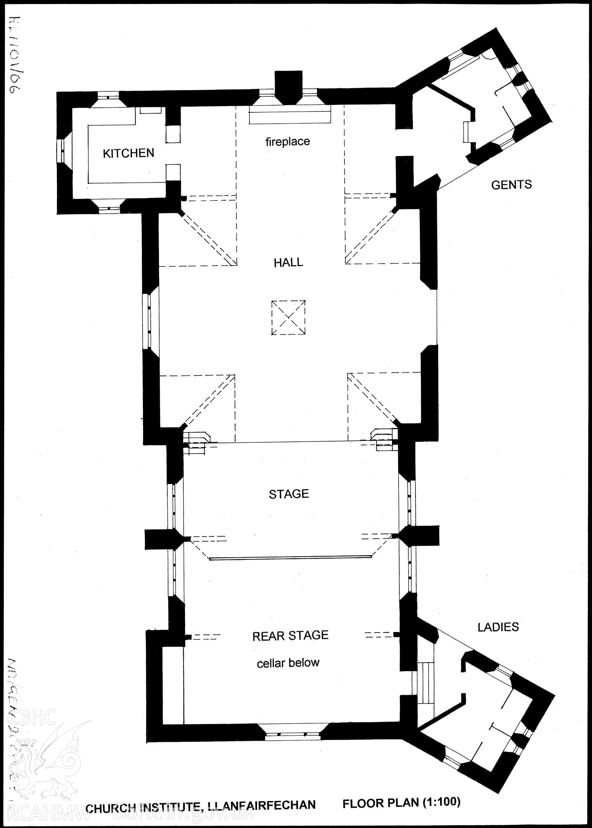 Measured floor plan of the Church Institute, Llanfairfechan, produced by Adam Voelcker, 2009. 'Herbert Luck North. Arts and Crafts Architecture for Wales', page 105.