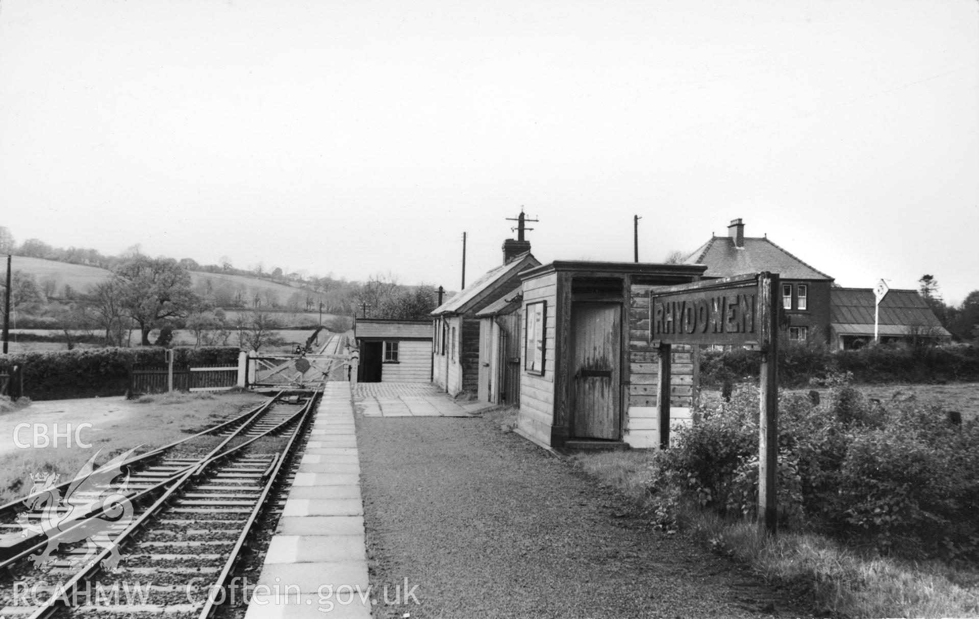 Black and white photograph showing view of Rhydowen Railway Station. From Rokeby Album III  no 25b.