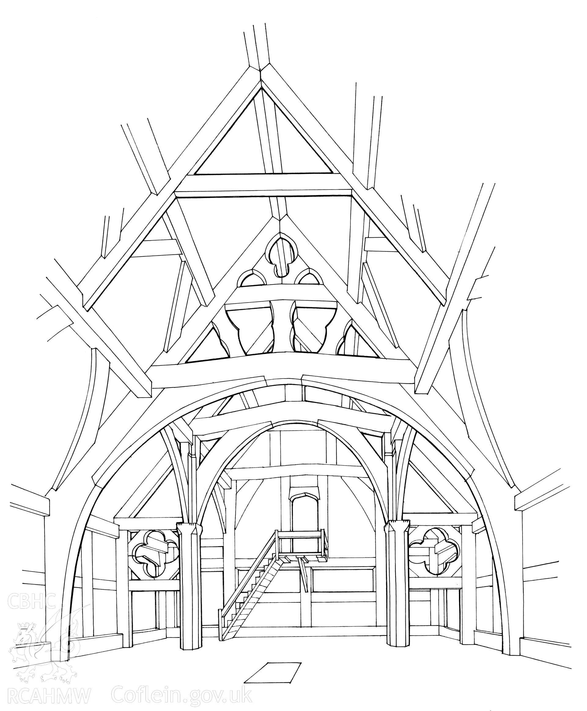 RCAHMW drawing  showing interior view of Ty Mawr, Castell Caereinion, published in Houses of the Welsh Countryside, fig 46.