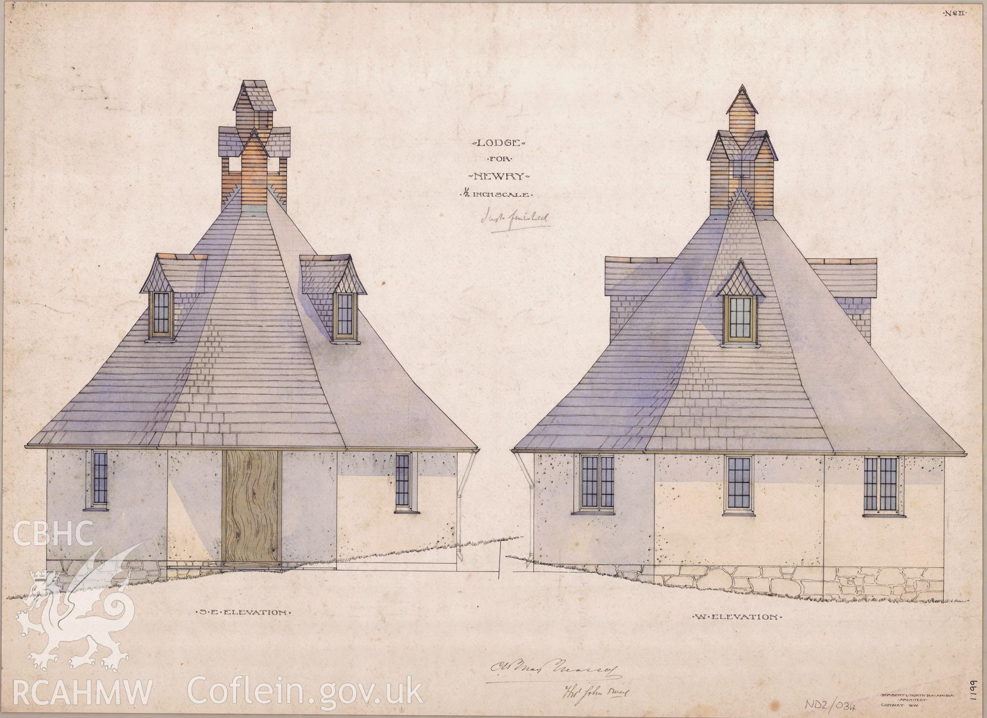 South-east and west elevations of the lodge (NPRN: 469) at Newry, scale two feet to one inch, ink with colour wash on paper.