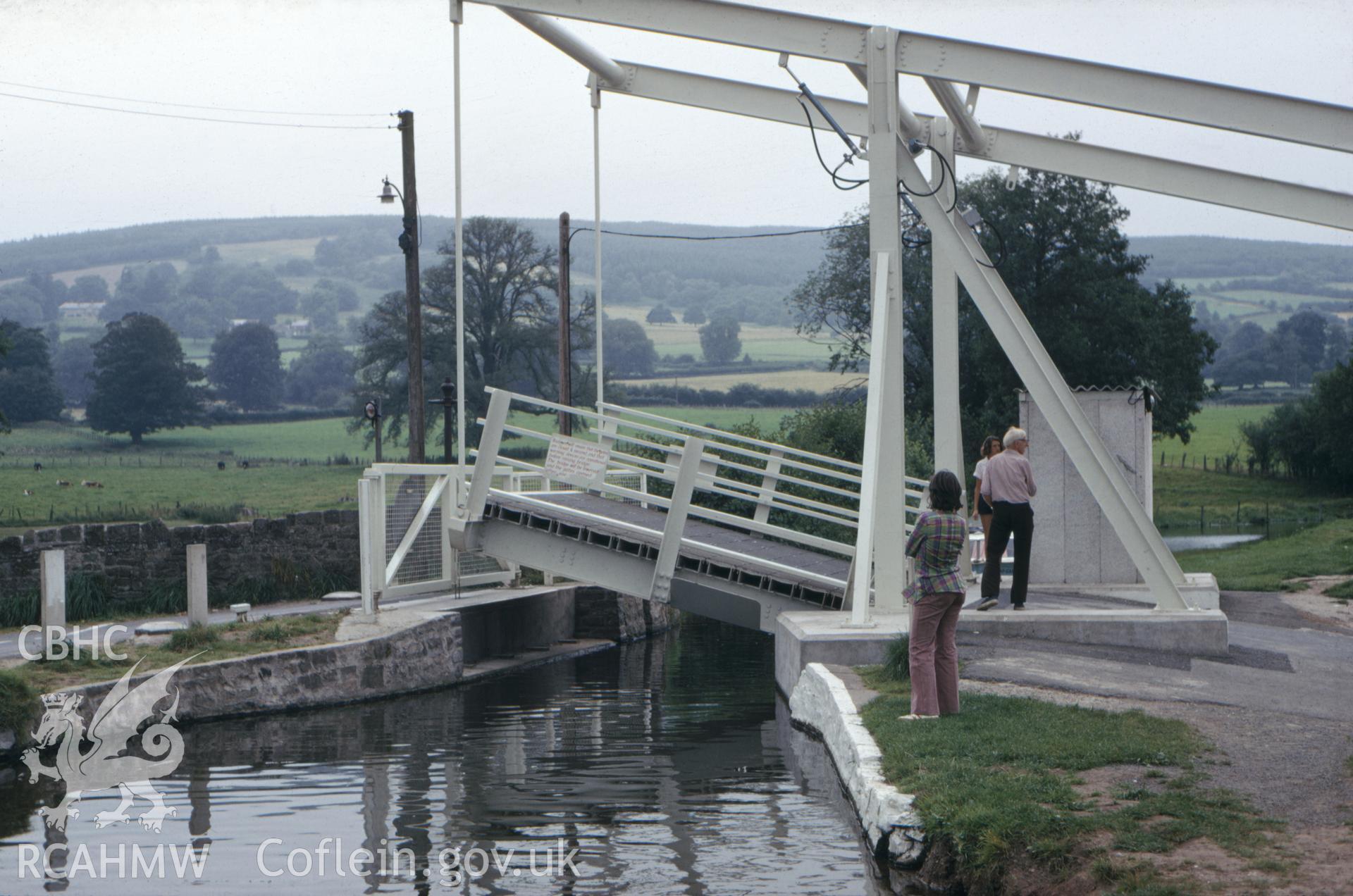 Colour photographic transparency showing electric lift bridge on the Brecon and Monmouth canal; collated by the former Central Office of Information.