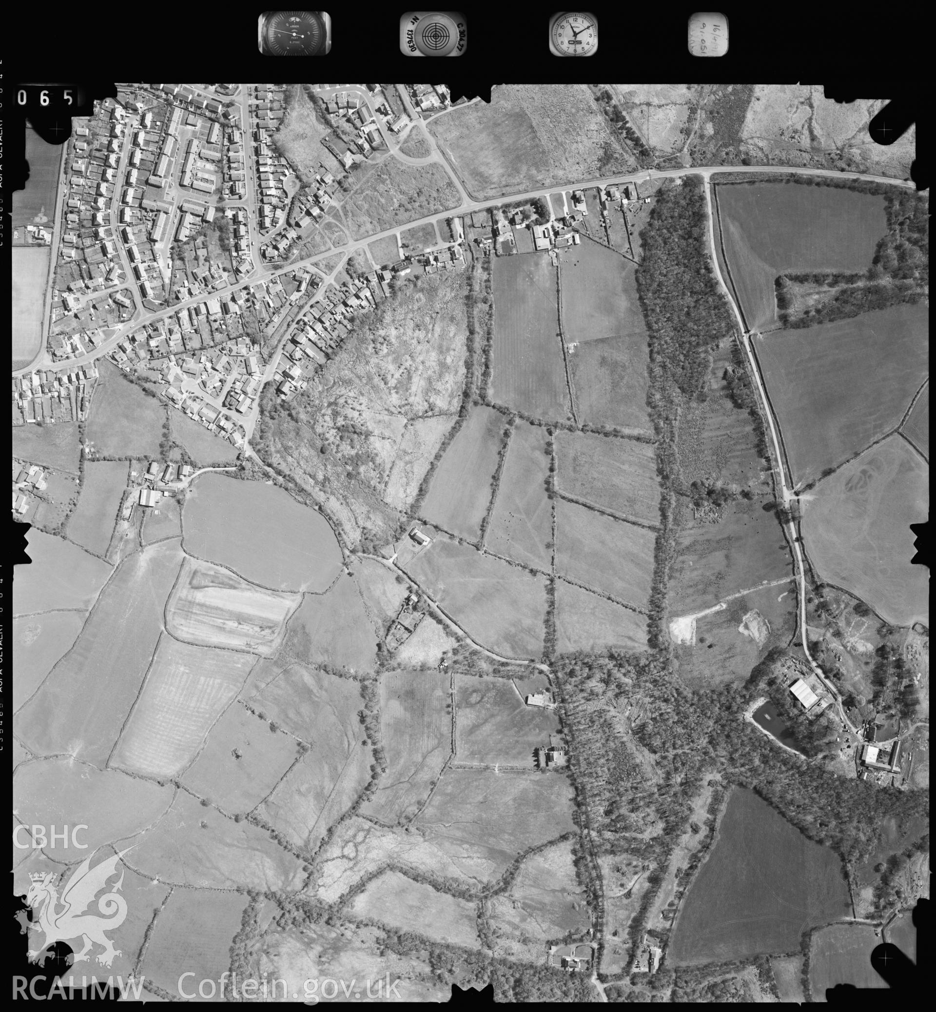 Digitized copy of an aerial photograph showing the area around Three Crosses on the Gower, taken by Ordnance Survey, 1991.