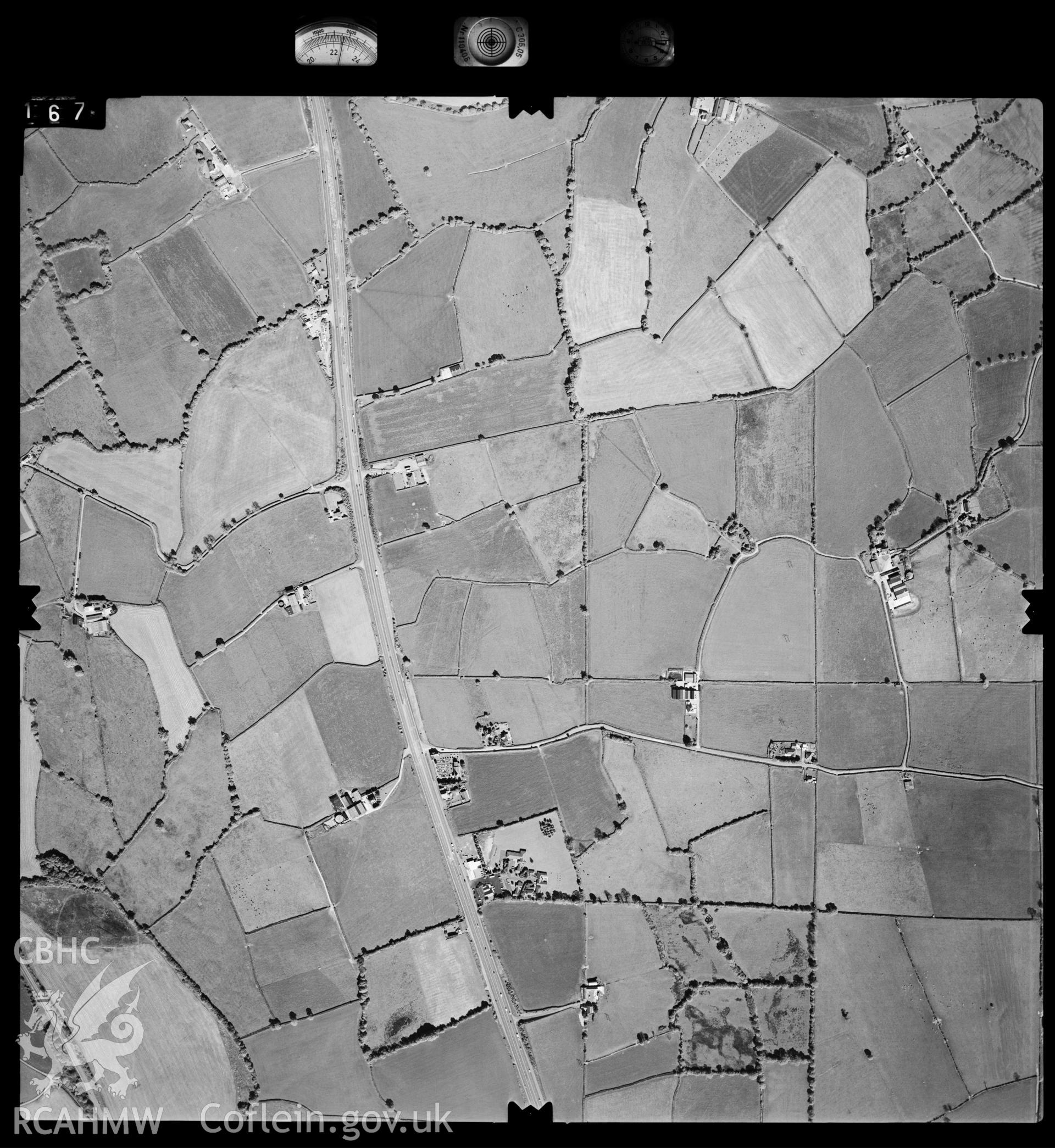 Digitized copy of an aerial photograph showing the area around St Clear's Wood, Carmarthenshire, taken by Ordnance Survey, 1997.