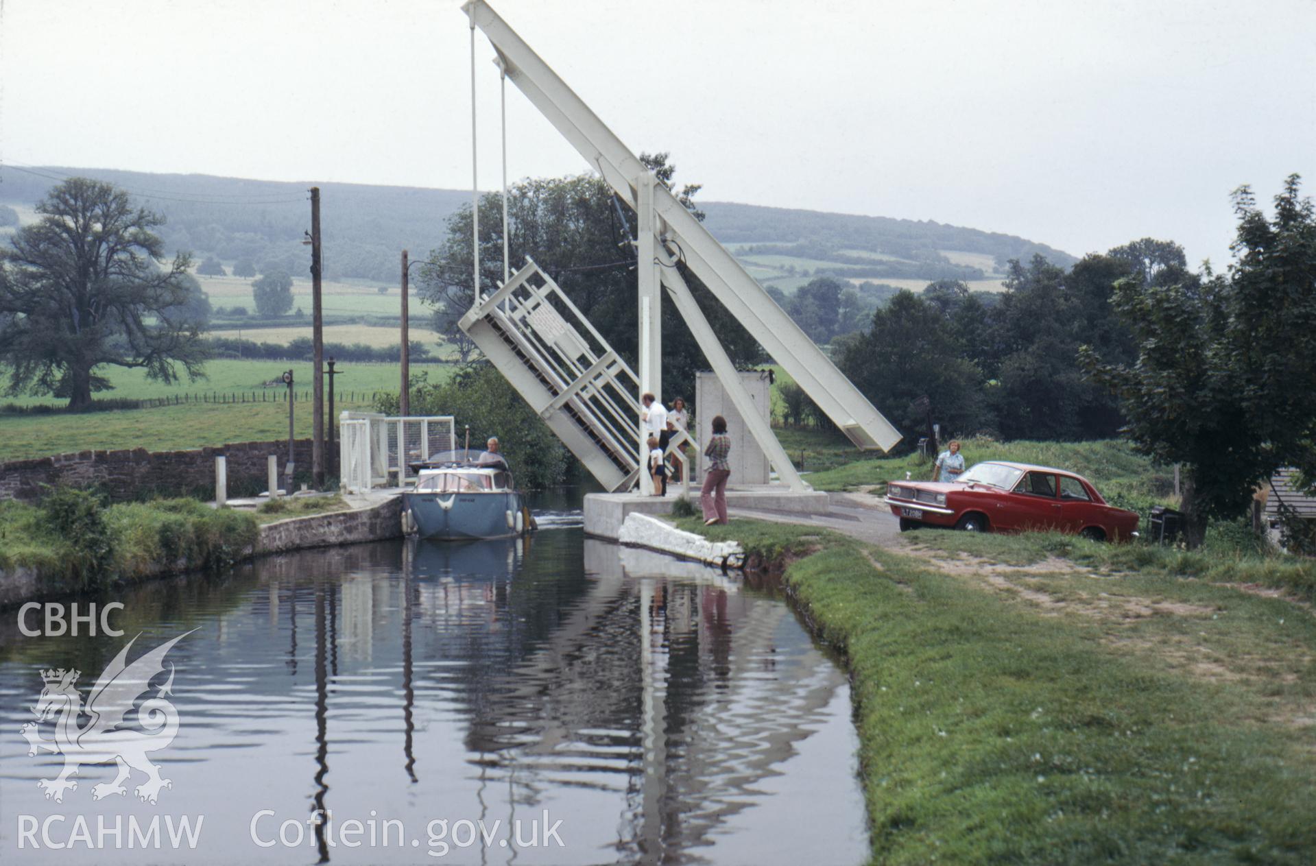 Colour photographic transparency showing electric lift bridge on the Brecon and Monmouth canal; collated by the former Central Office of Information.