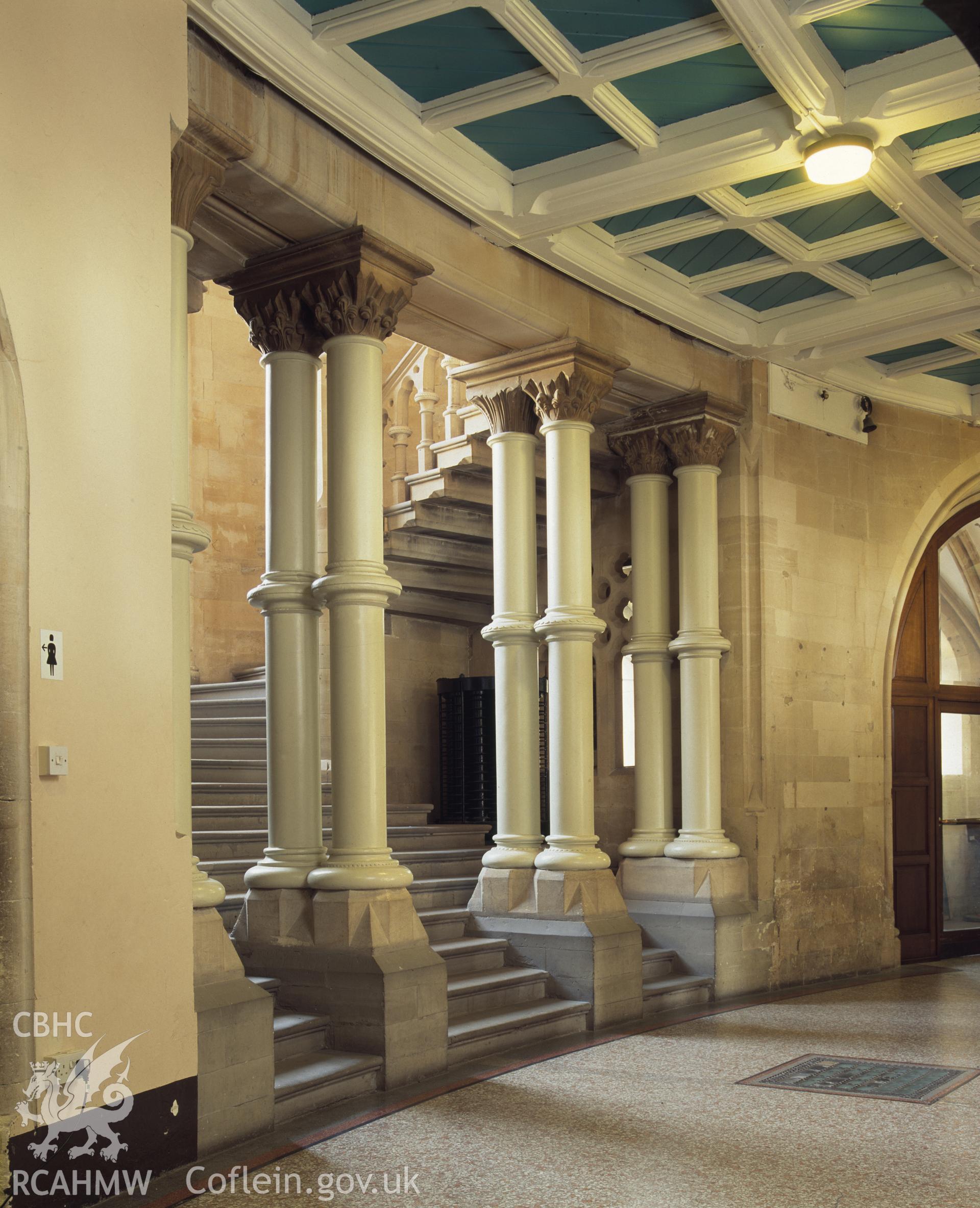 RCAHMW colour transparency of  interior view showing staircase at the Seddon entrance, Old College, Aberystwyth.