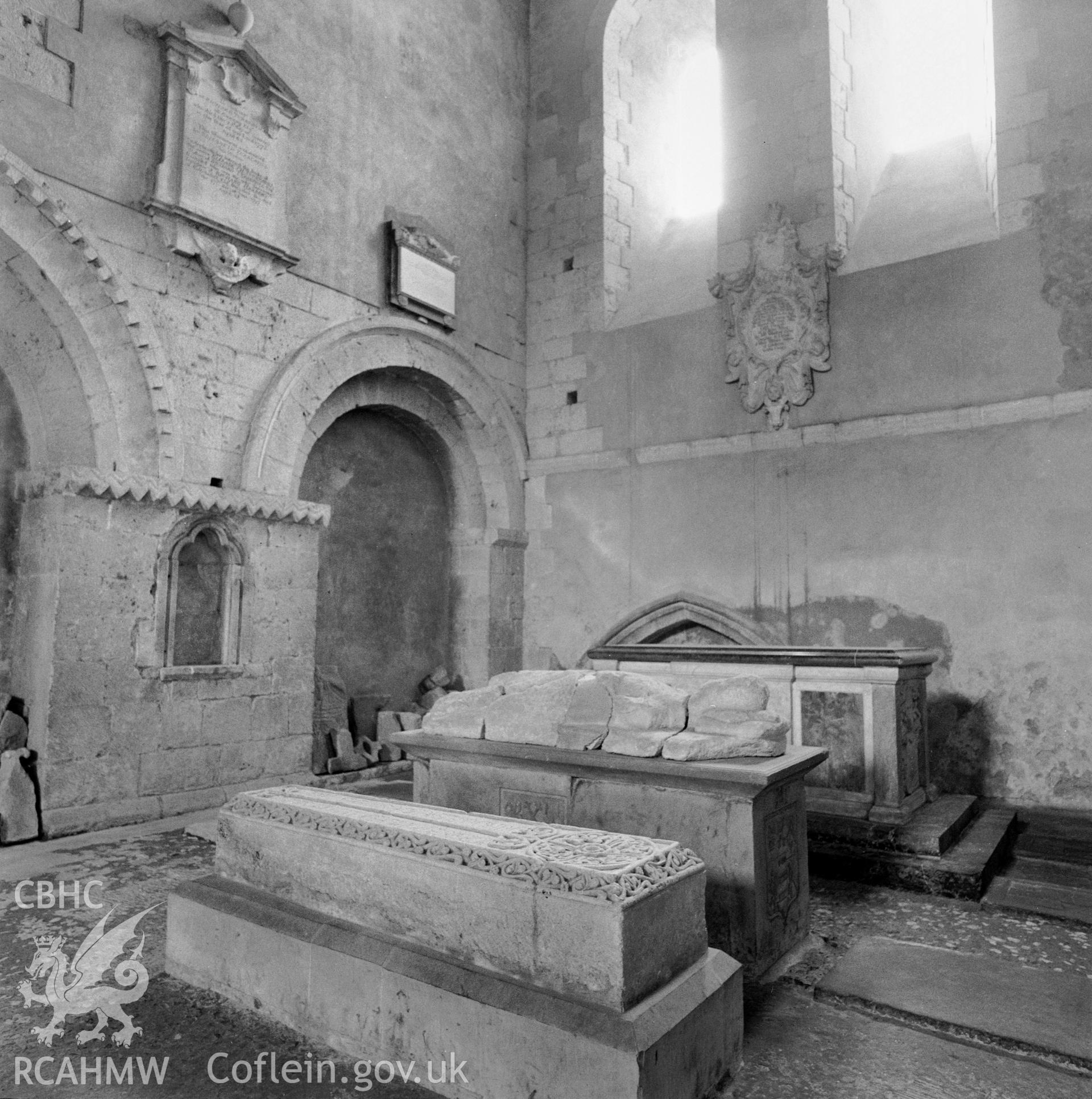 1 b/w print showing interior view of Ewenny Priory with tombstones; collated by the former Central Office of Information.