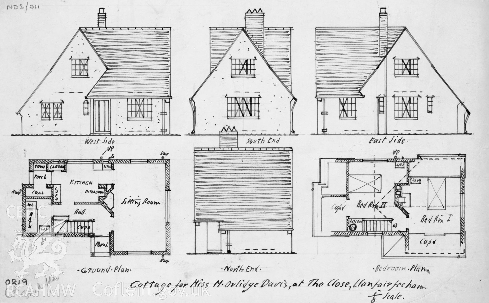 Plans and elevations of a cottage (Acorn Cottage) desgined for Miss M. Orlidge Davis, at The Close, Llanfairfechan, ink on paper, scale eight feet to one inch.