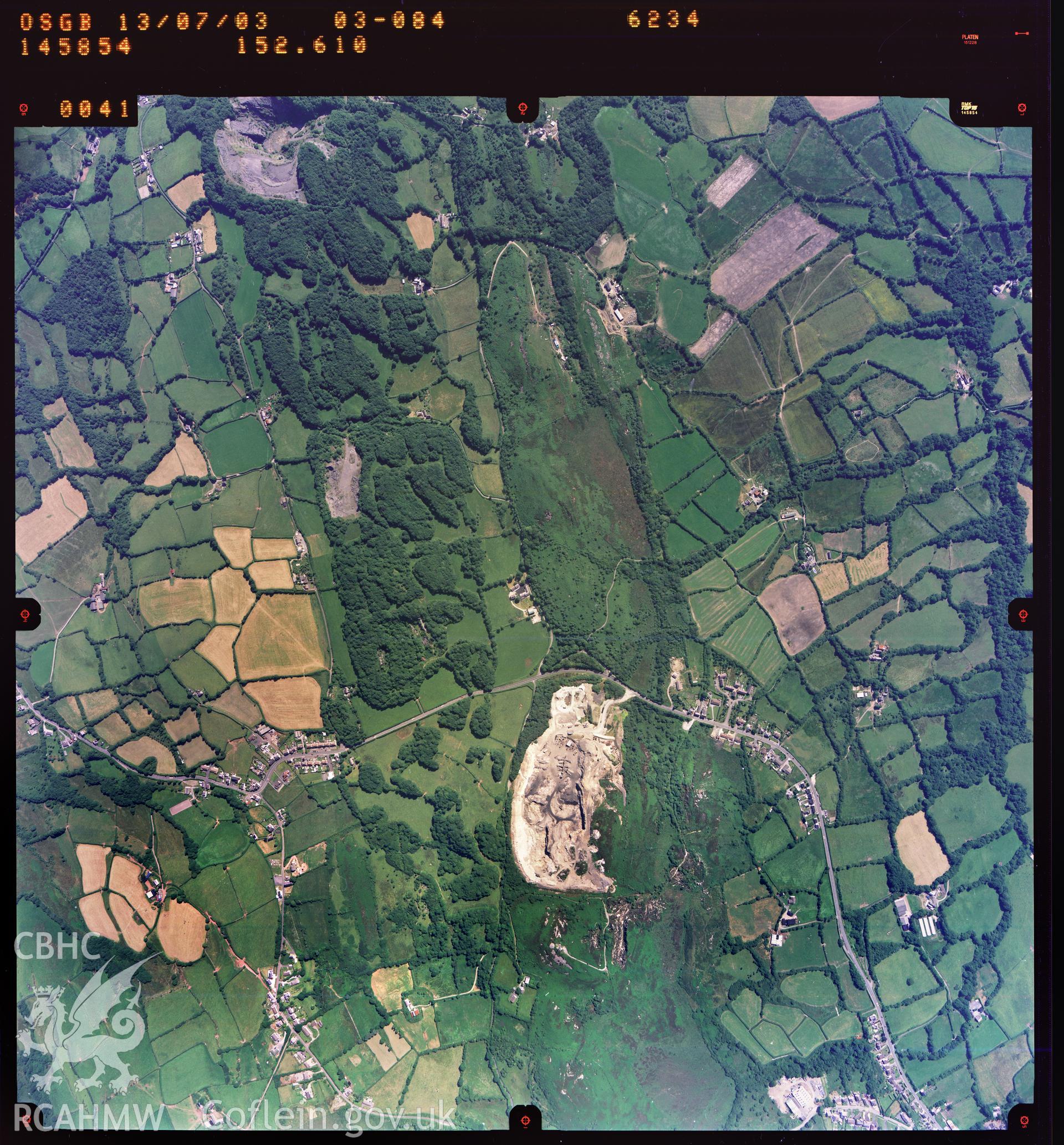 Digitized copy of a colour aerial photograph showing the Carmel area, taken by Ordnance Survey, 2003.