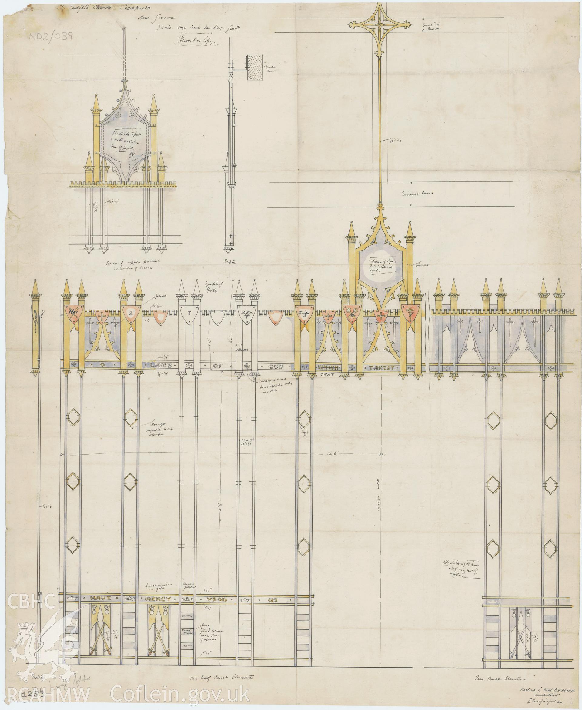 Elevations of of a war memorial screen in St Tudfil's Church, Coedpoeth, scale one inch to one foot, ink on paper with colour wash.