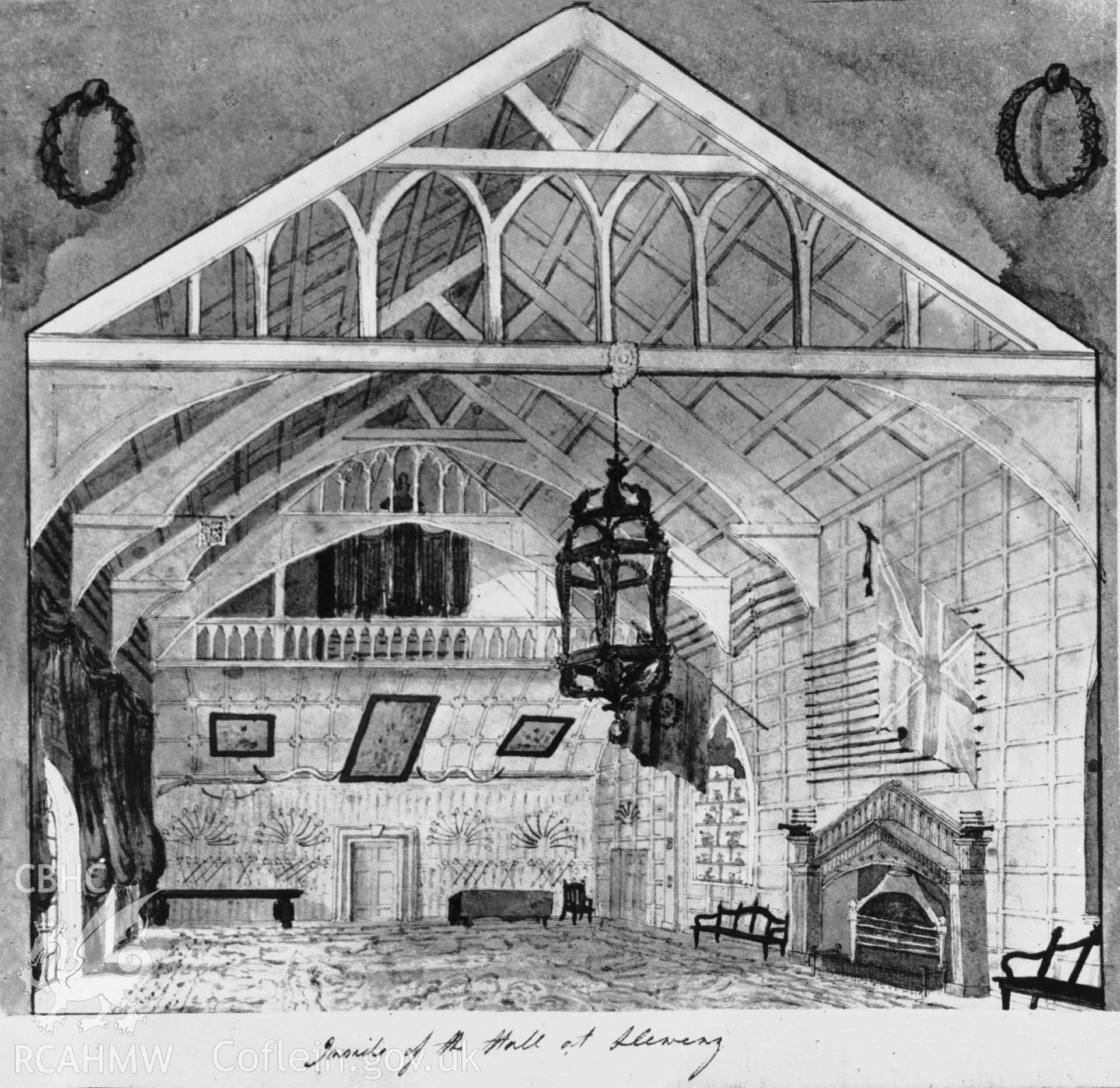 One black and white print of a drawing showing an interior view of Lleweni Hall, Denbigh, gifted to the Commission from a special collection by Mrs Una Norman. Copy negative held.