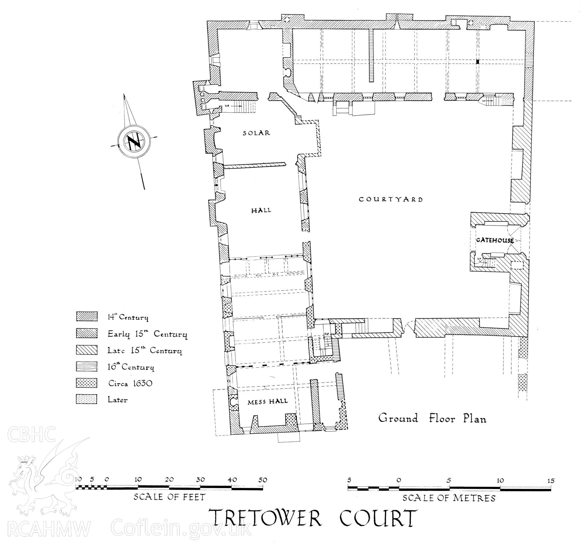 RCAHMW  drawing (ink on paper) showing plan of Tretower Court, Breconshire.