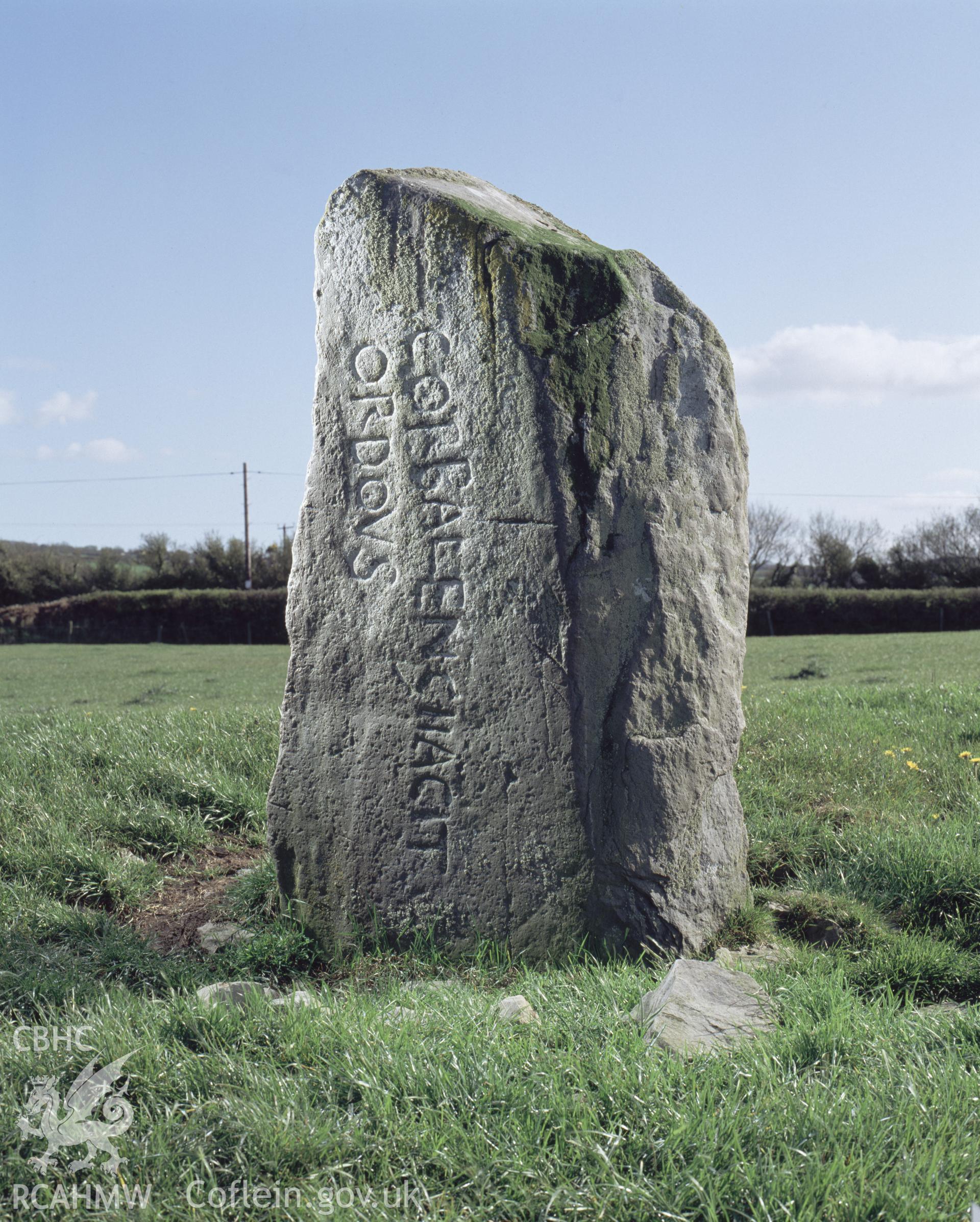 RCAHMW colour transparency showing inscribed stone at Penbryn.