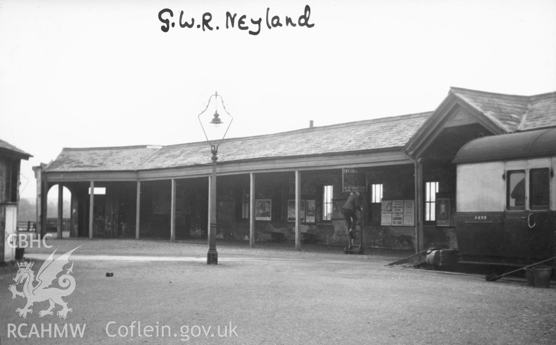 Black and white photograph by Locomotive & General Railway Photographs, showing view of Neyland Railway Station. From Rokeby Album VIII no 71.