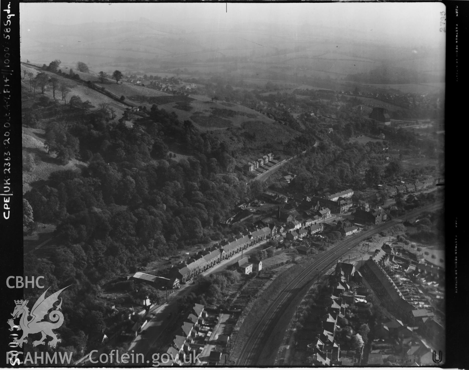 Black and white aerial photograph centred on Pontypool taken by the RAF, 1947
