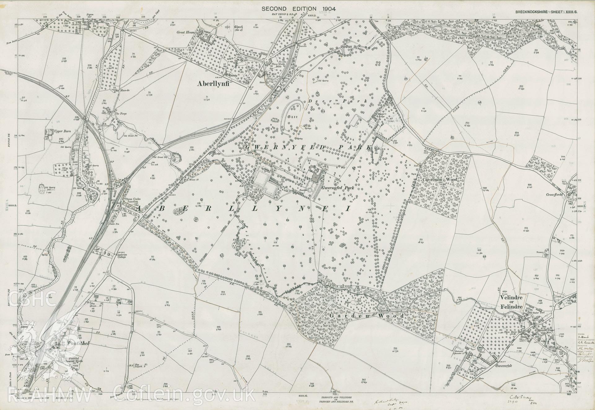 Digitized copy of Ordnance Survey 25 inch coloured map of Gwernyfed Park area 1904. Original size.