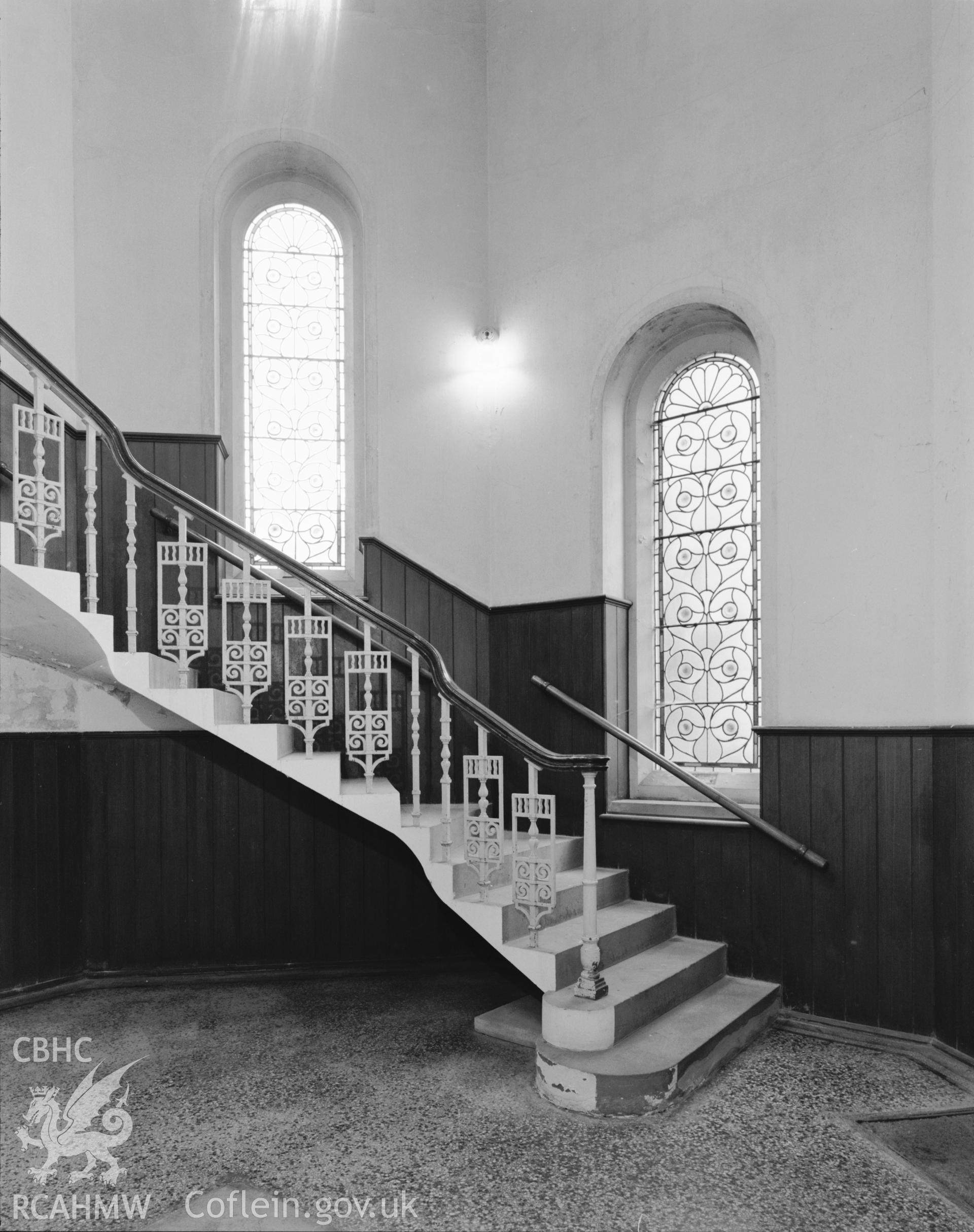 Interior view of the staircase at Cardiff United Synagogue.