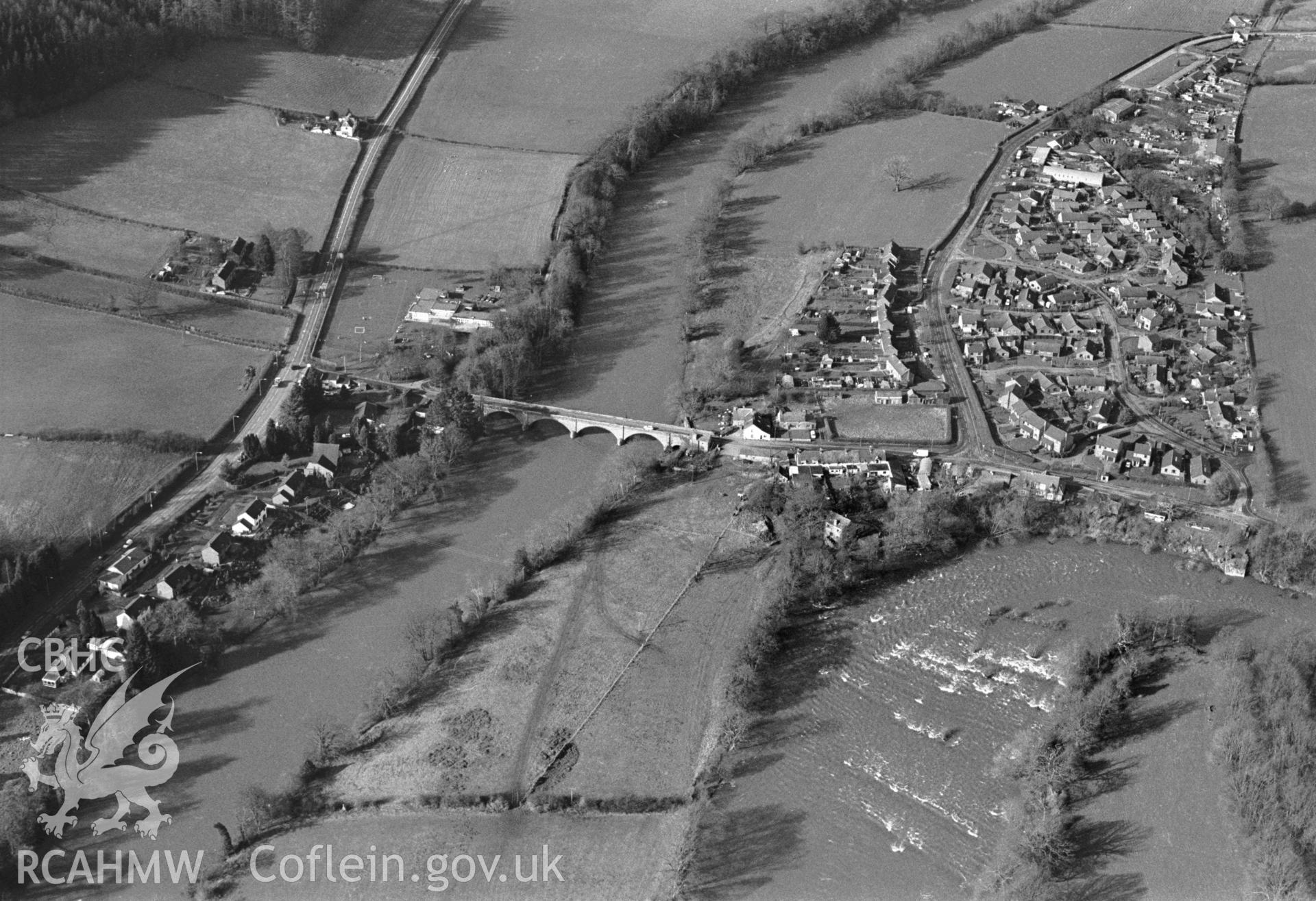 RCAHMW black and white oblique aerial photograph of view of Boughrood Toll Bridge, 2001