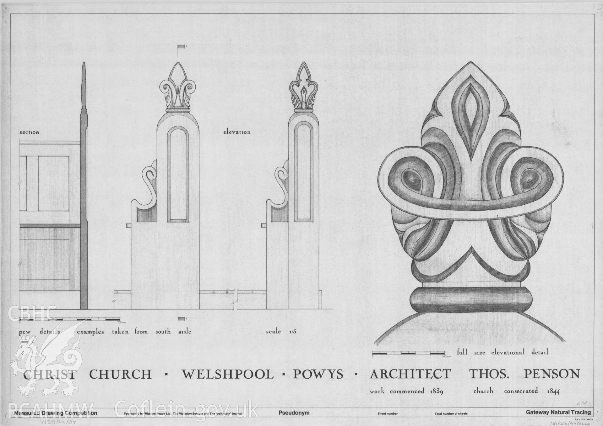 Measured drawing showing detail of pews at Christ Church, Welshpool, produced by D. G. Lloyd, I. Rose and G. Usherwood, 1978