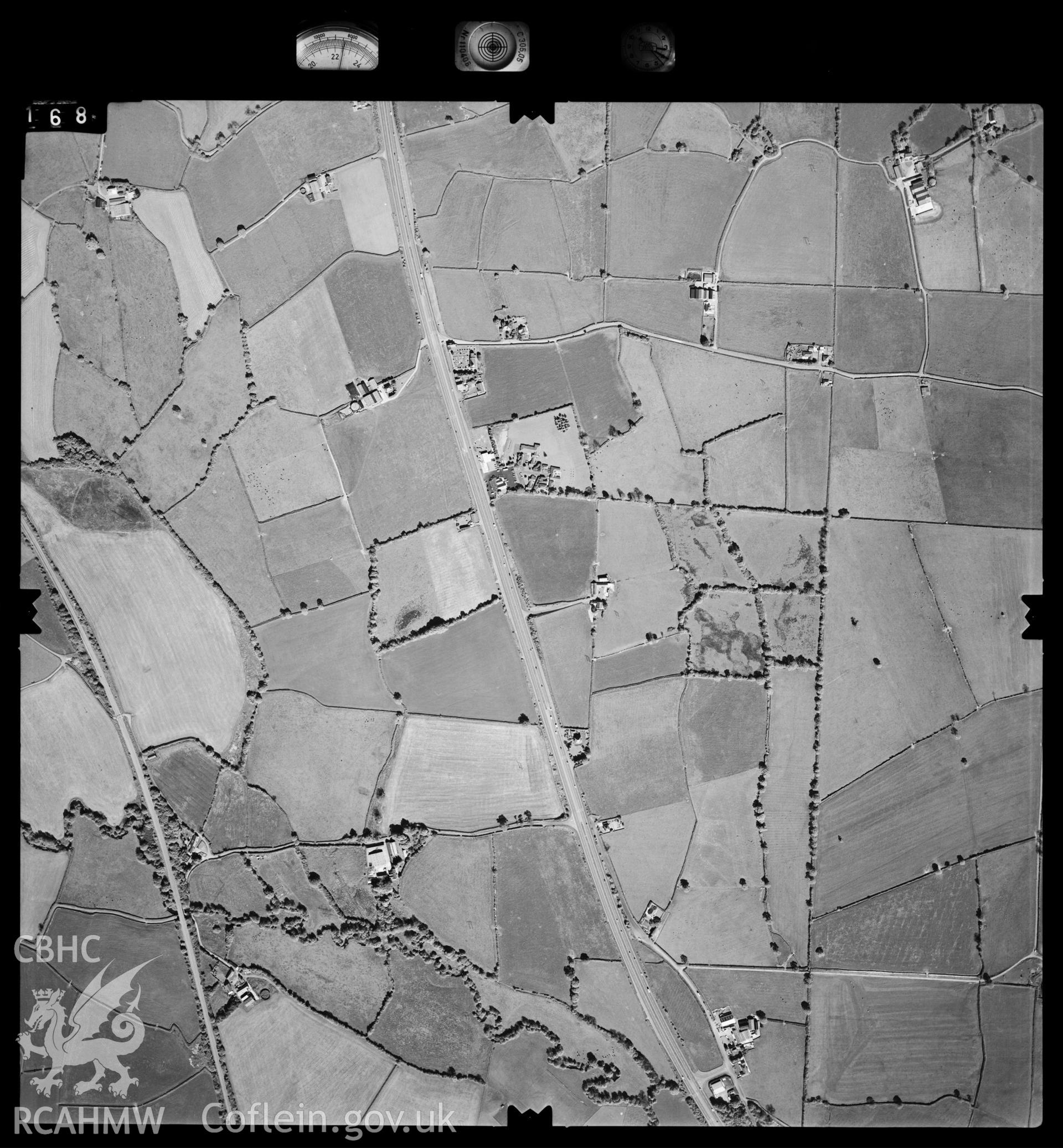 Digitized copy of an aerial photograph showing the area around St Clear's Wood, Carmarthenshire, taken by Ordnance Survey, 1997.