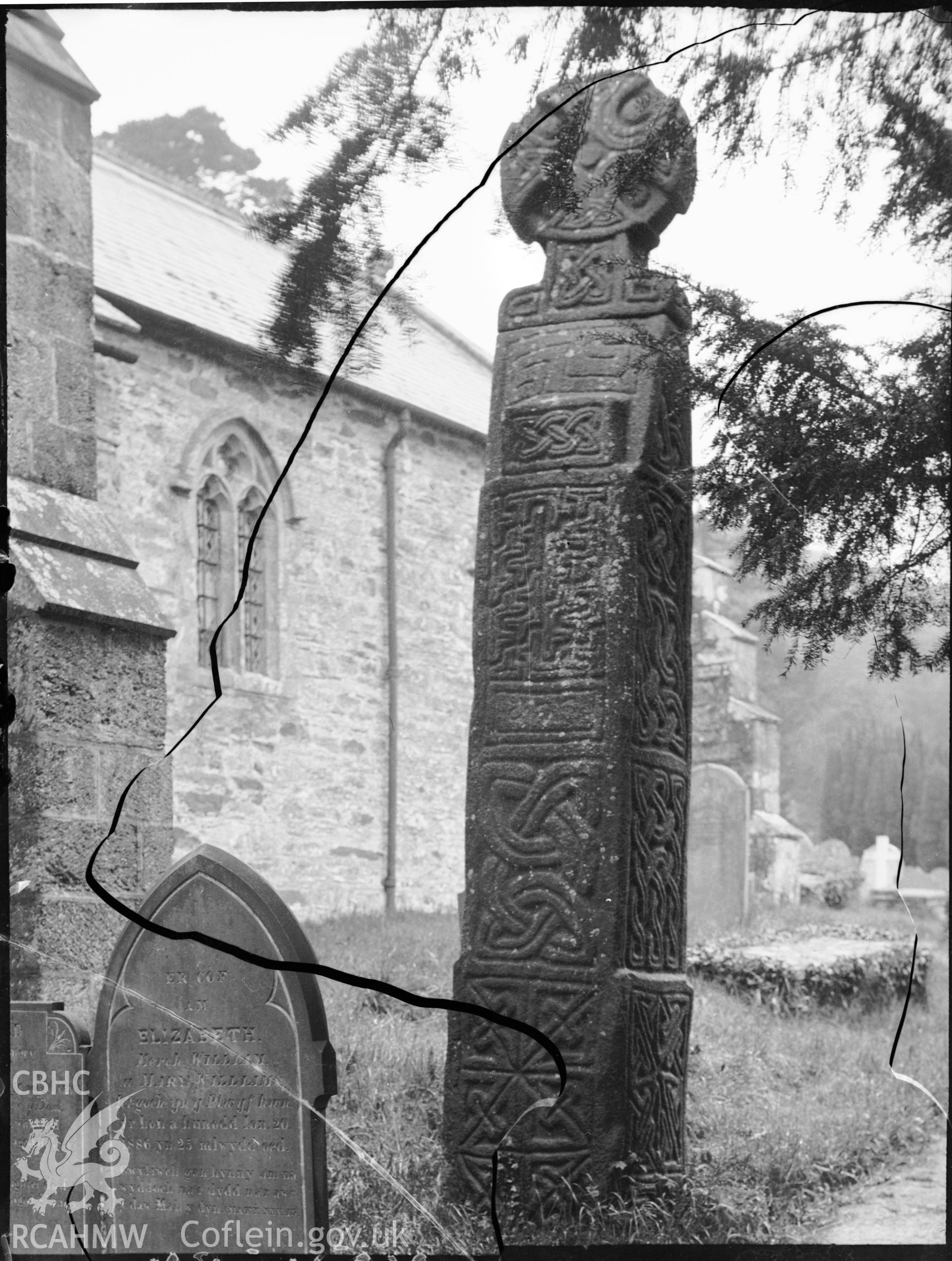 Black and white photo showing St Brynach's Cross, Nevern.