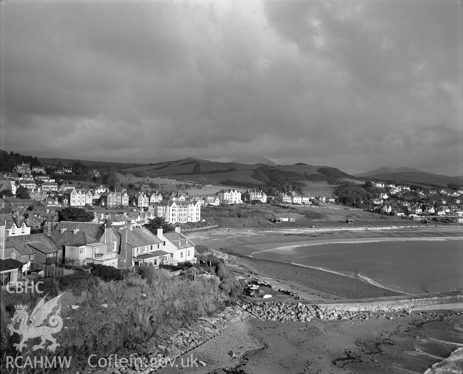 Photographic negative showing view of Criccieth from the castle; collated by the former Central Office of Information.