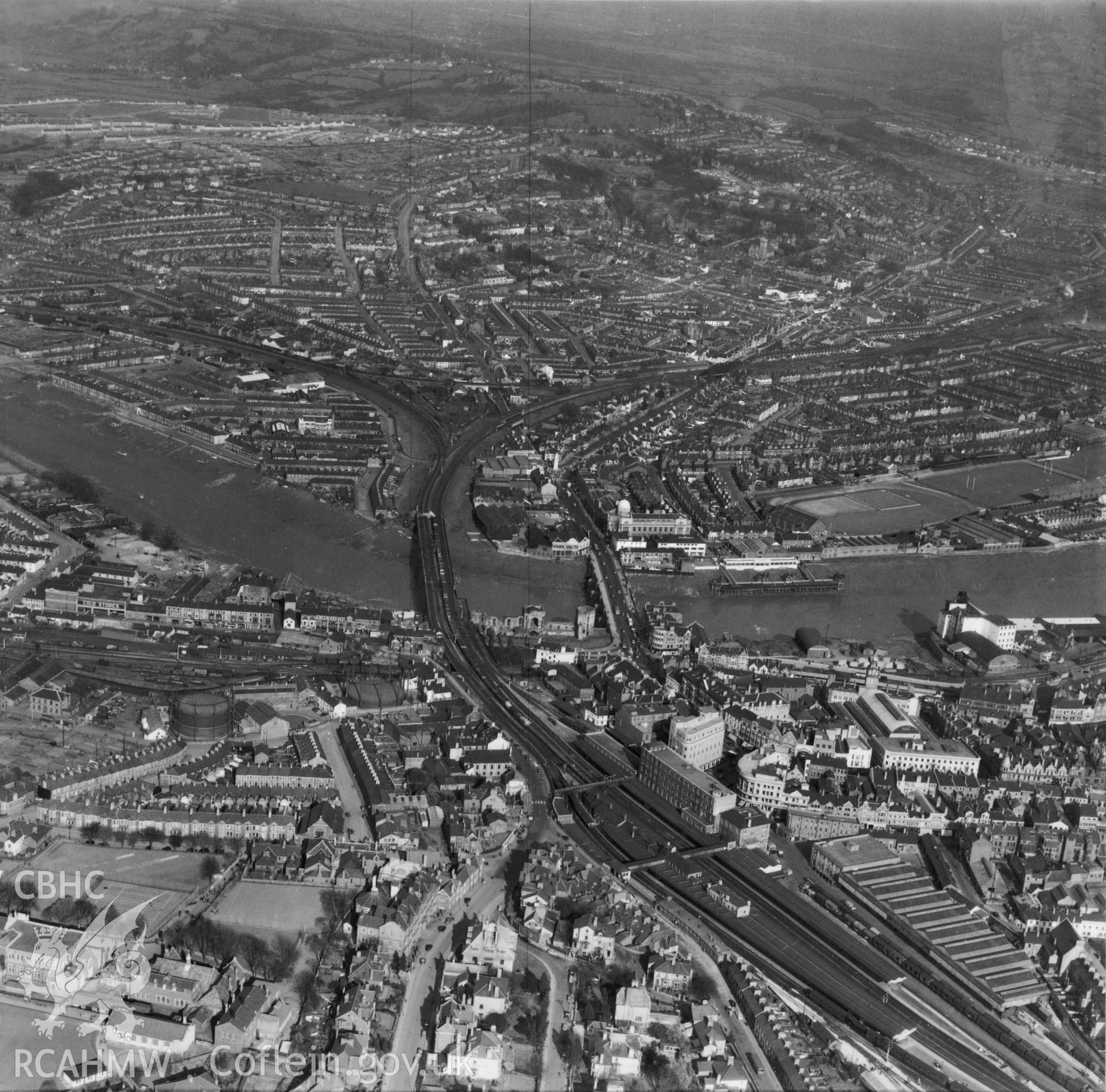 Black and white oblique aerial photograph  showing of Newport in 1954. Aerofilms album Monmouth N-Pe (448).