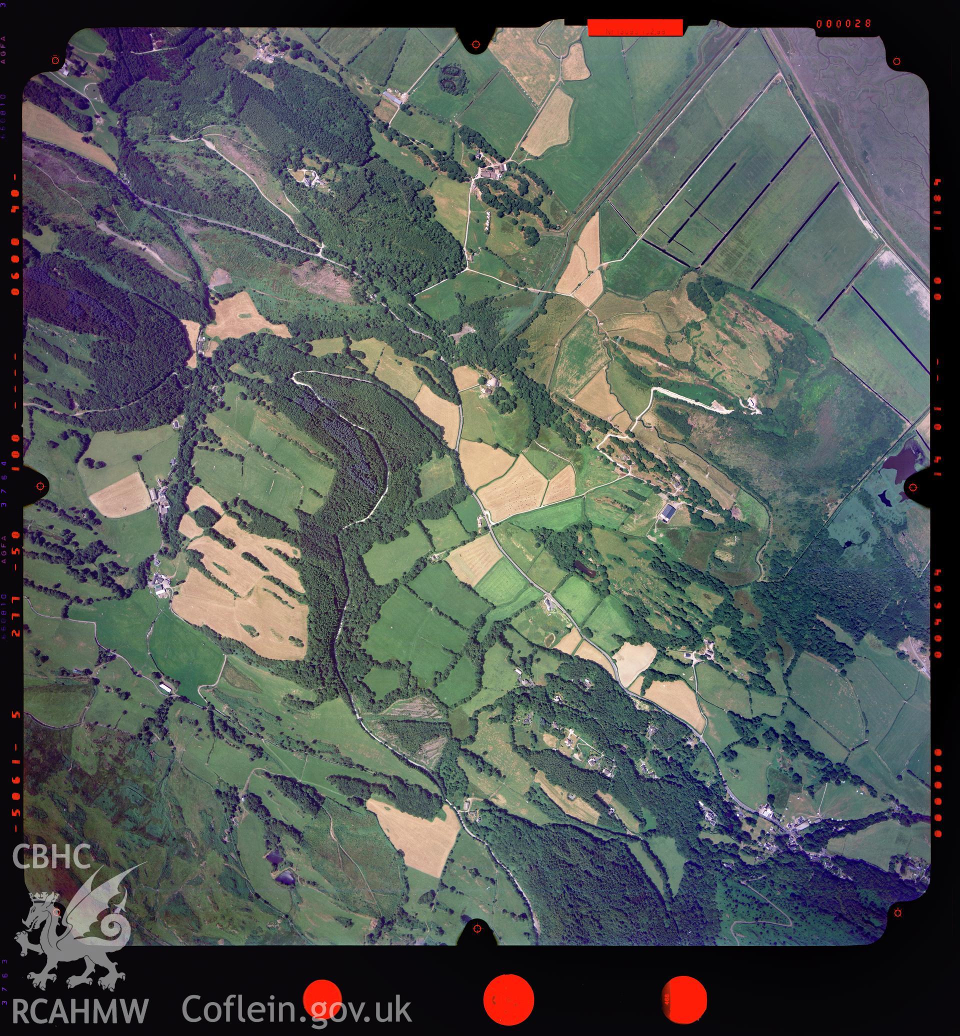 Digitized copy of a colour aerial photograph showing the area around Ysgubor y Coed, Ceredigion, taken by Ordnance Survey, 2003.