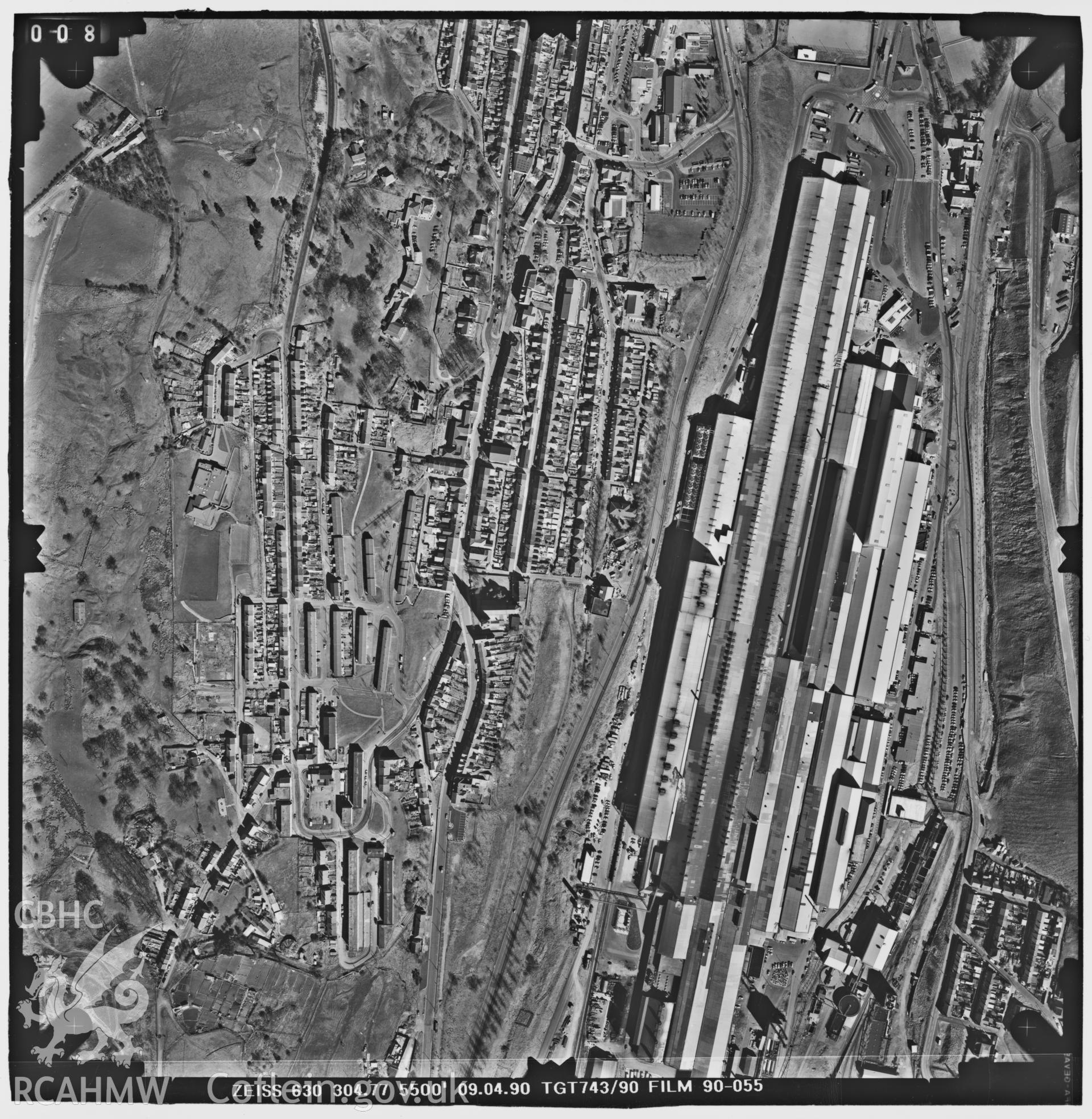 Digitized copy of an aerial photograph showing the Ebbw Vale Steelworks, taken by Ordnance Survey, 1990.