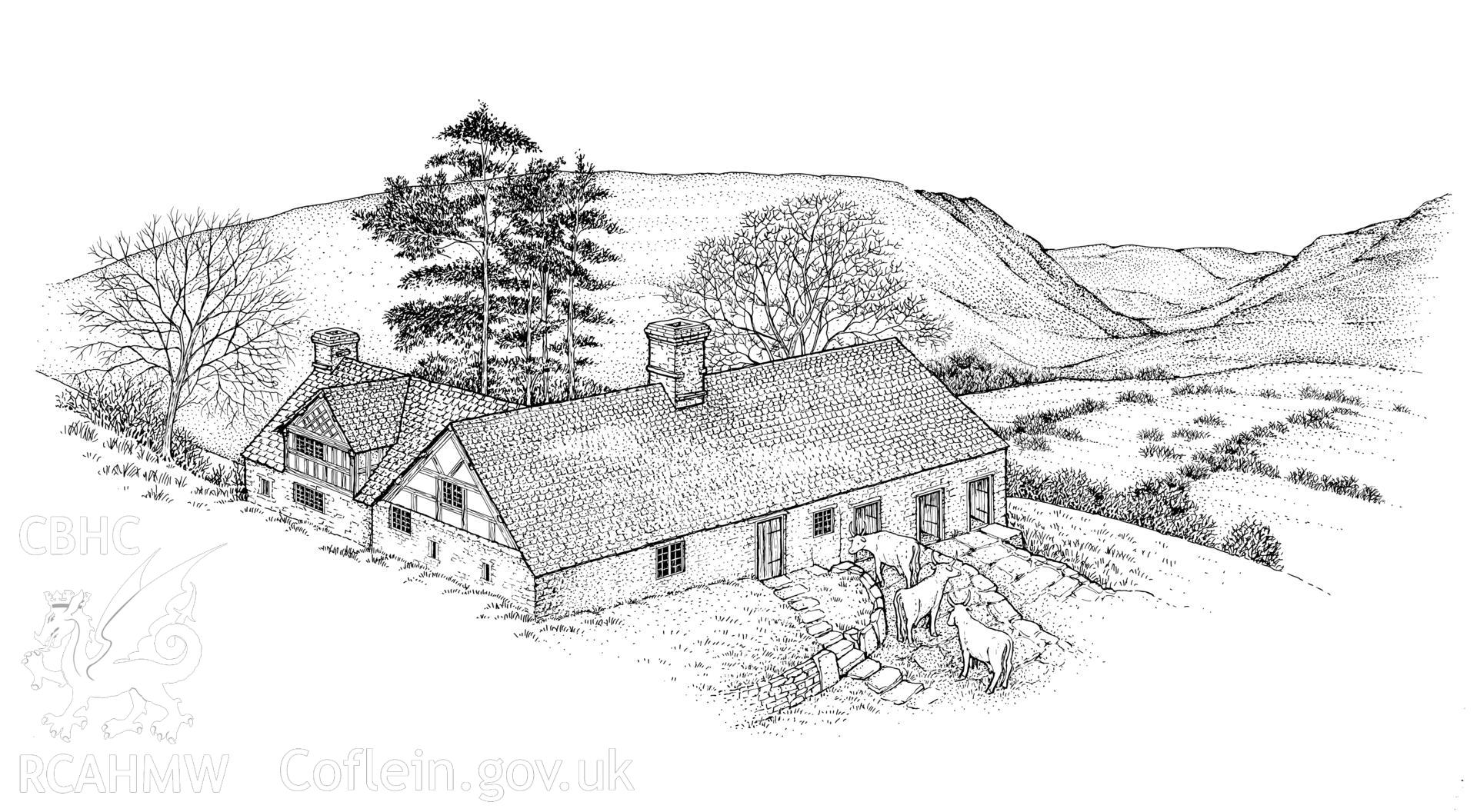 Gilfach Farmhouse, St Harmon; perspective sketch by Jane Durrant showing the longhouse and added parlour cross-wing, as published in the RCAHMW volume, Houses and History in the Marches of Wales.  Radnorshire 1400-1800,  page 206, figure 218.
