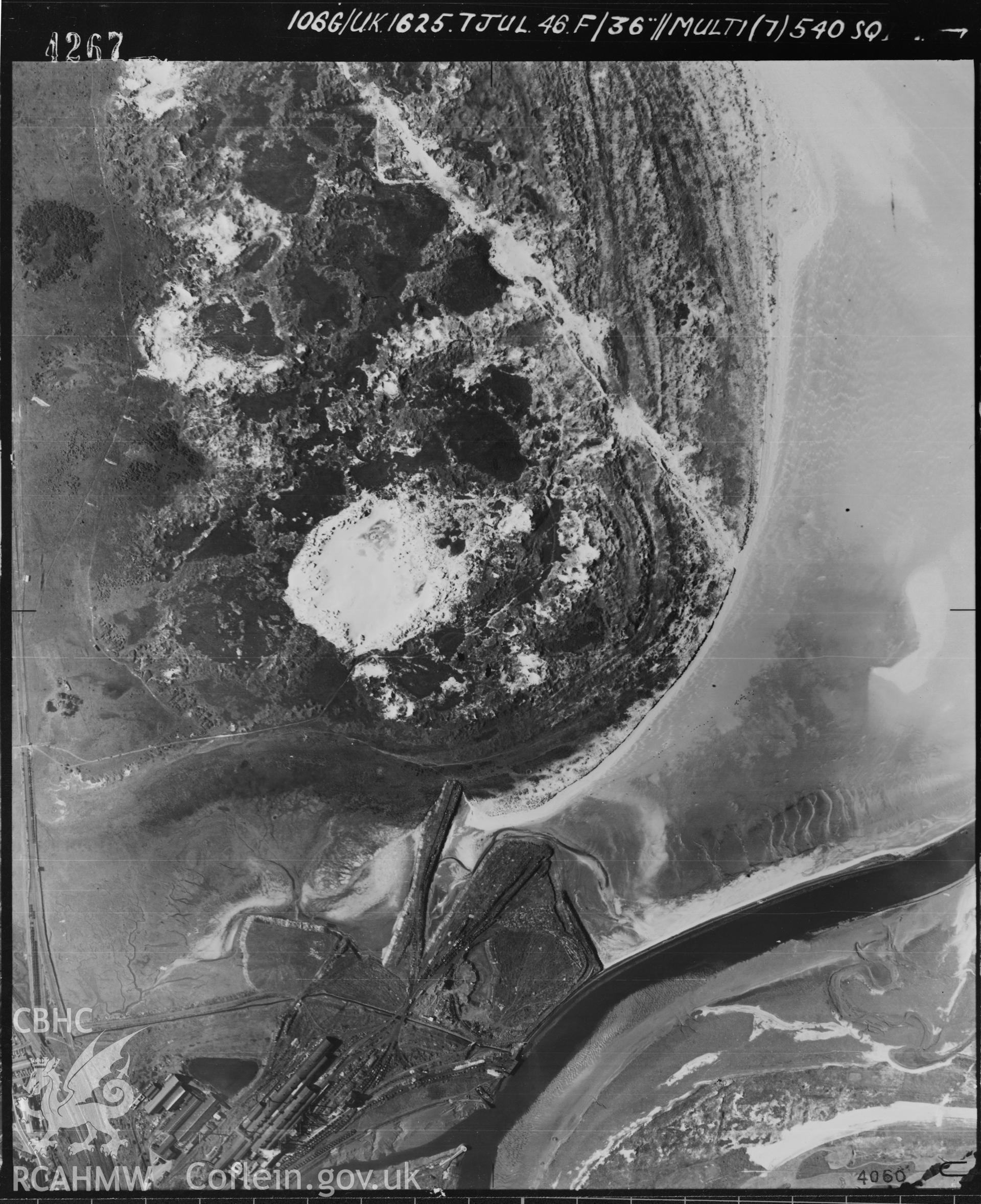 Black and white vertical aerial photograph taken by the RAF on 07/07/1946 centred on SS73179244 at a scale of 1:10000. The photograph includes part of Baglan Bay community in Neath, Port Talbot.