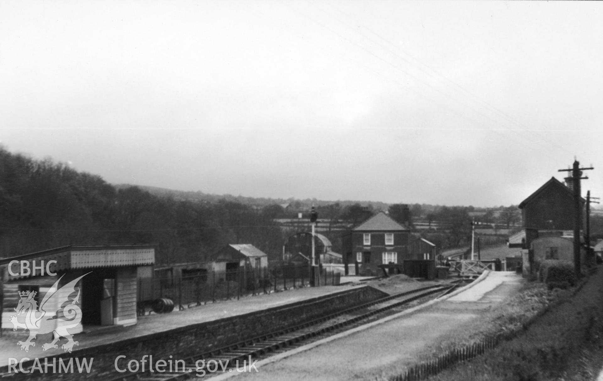 Black and white photograph showing view of Llanglydwen Railway Station. From Rokeby Album III  no 4b.