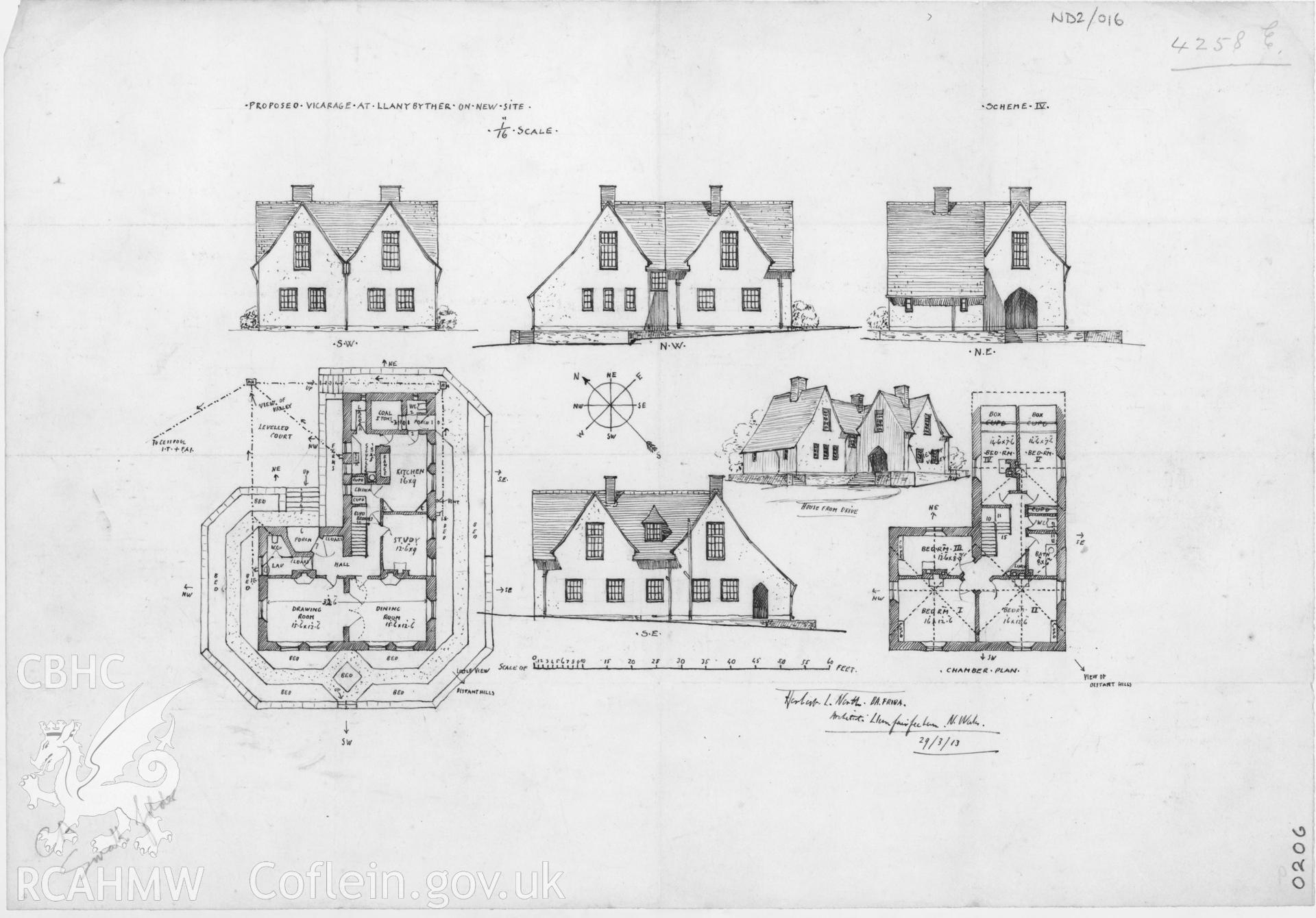 Plans, elevations and perspective of the proposed vicarage at Llanybydder, ink on paper, scale sixteen feet to one inch.
