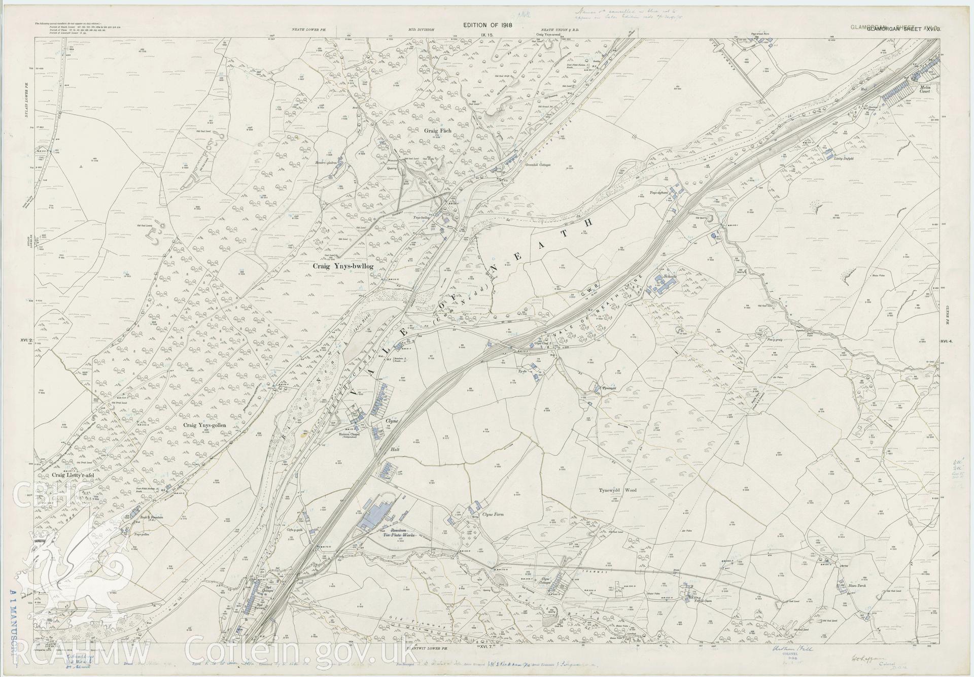 Digitized copy of Ordnance Survey 25 inch 1918 edition map of the Vale of Neath area.