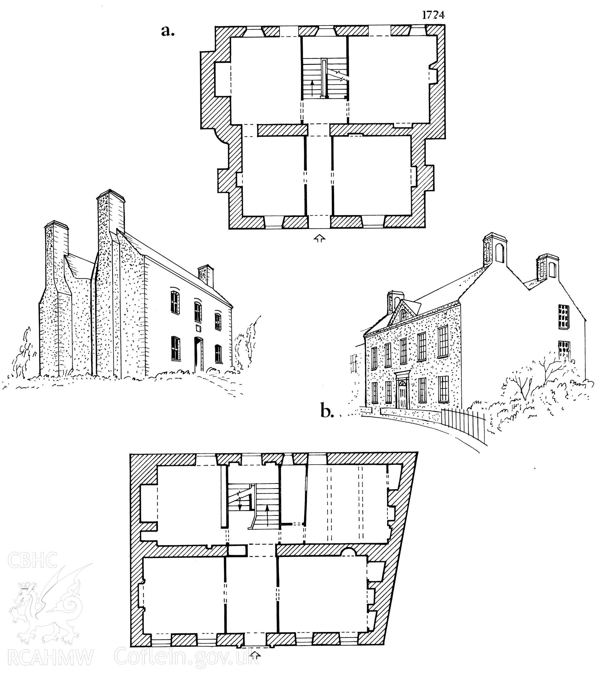Multi site RCAHMW drawing, 2 sites, (ink on linen) showing plan and elevation of Great  House, Laugharne and Fforest, Brechfa. Published in Houses of the Welsh Countryside, fig 150.