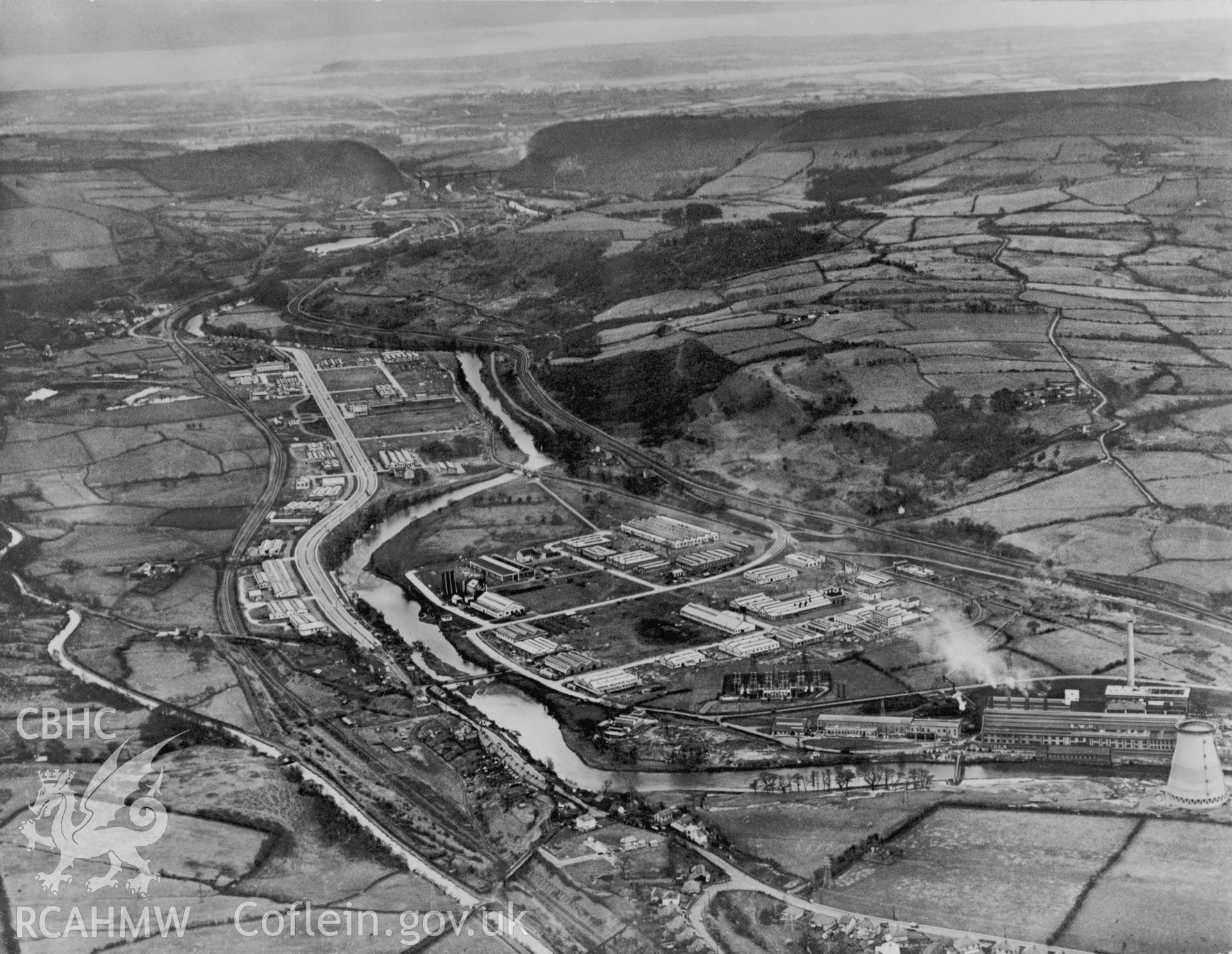 Black and white aerial photograph showing the Treforest Trading Estate development circa 1938-9 with the new A470 dual carriageway built through the site. Aerofilms album Glamorgan S-Z W(29)