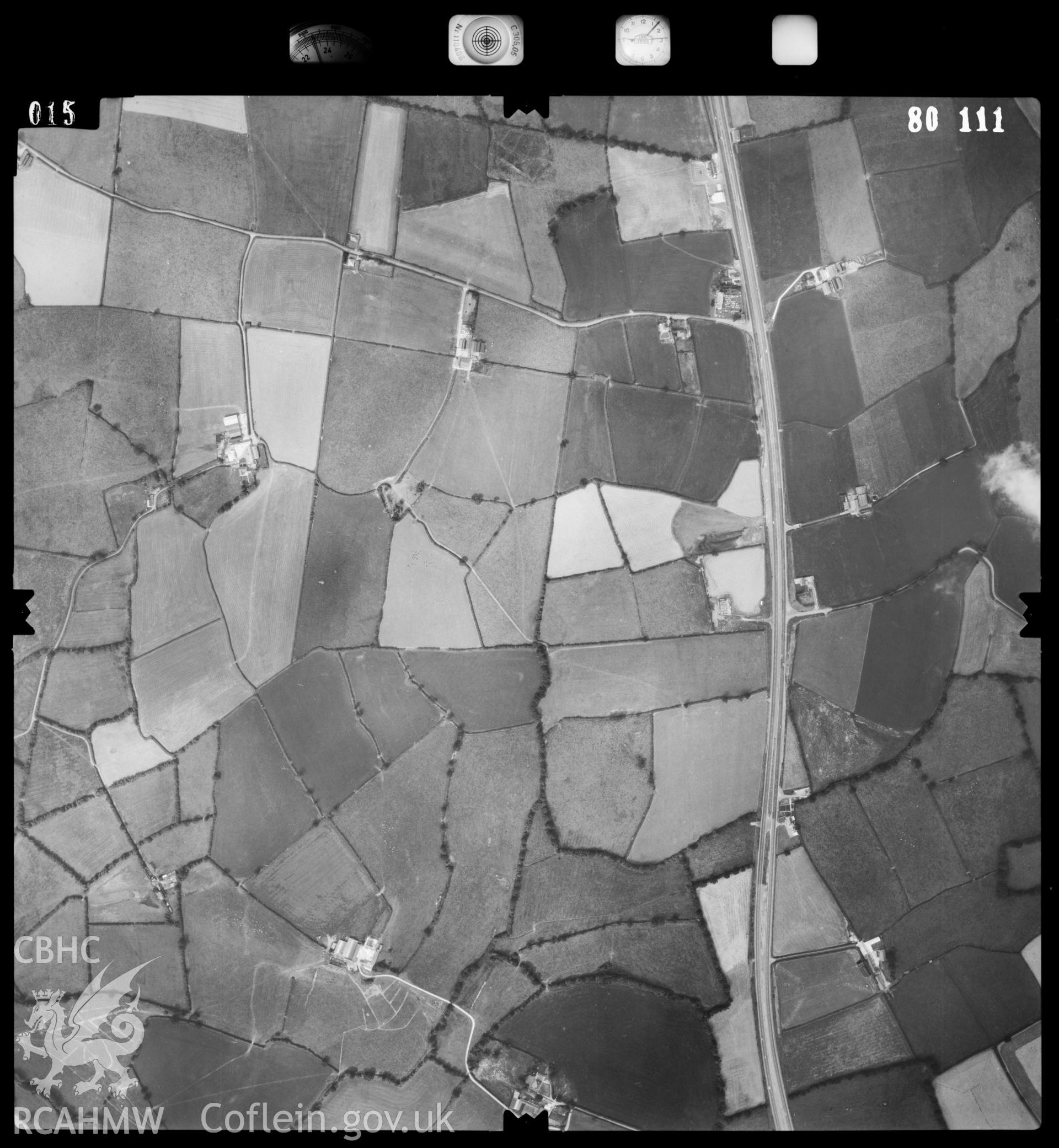 Digitized copy of an aerial photograph showing the St Clears area, taken by Ordnance Survey, 1980.