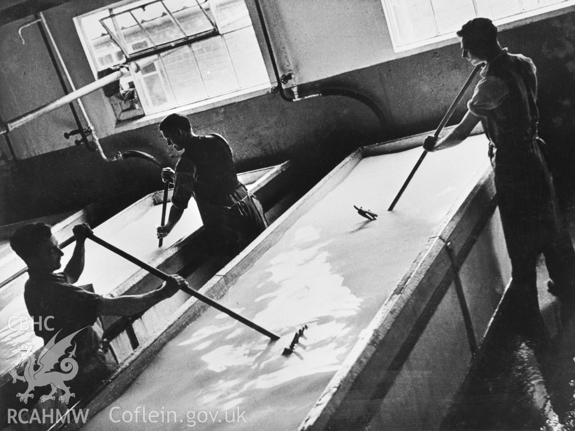 Copy of a pre-1950 photo showing early stages of cheese production.