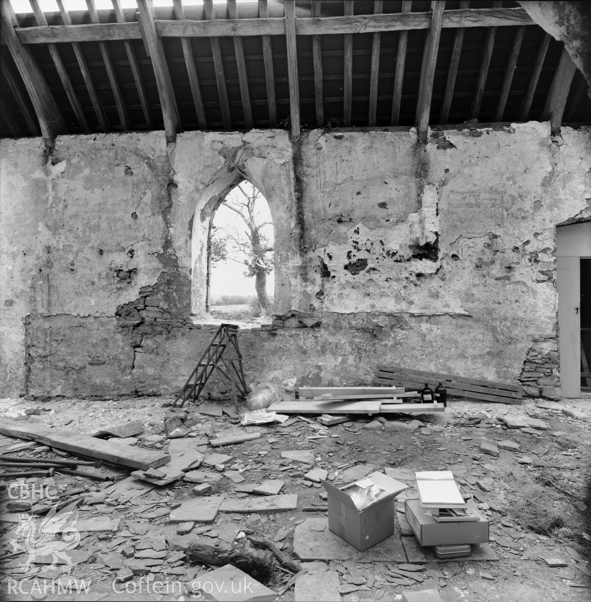 Detail view of the window at St. Teilo's Old Church taken by RCAHMW during dismantling of the church prior to re-erection at St Fagans Welsh Folk Museum..