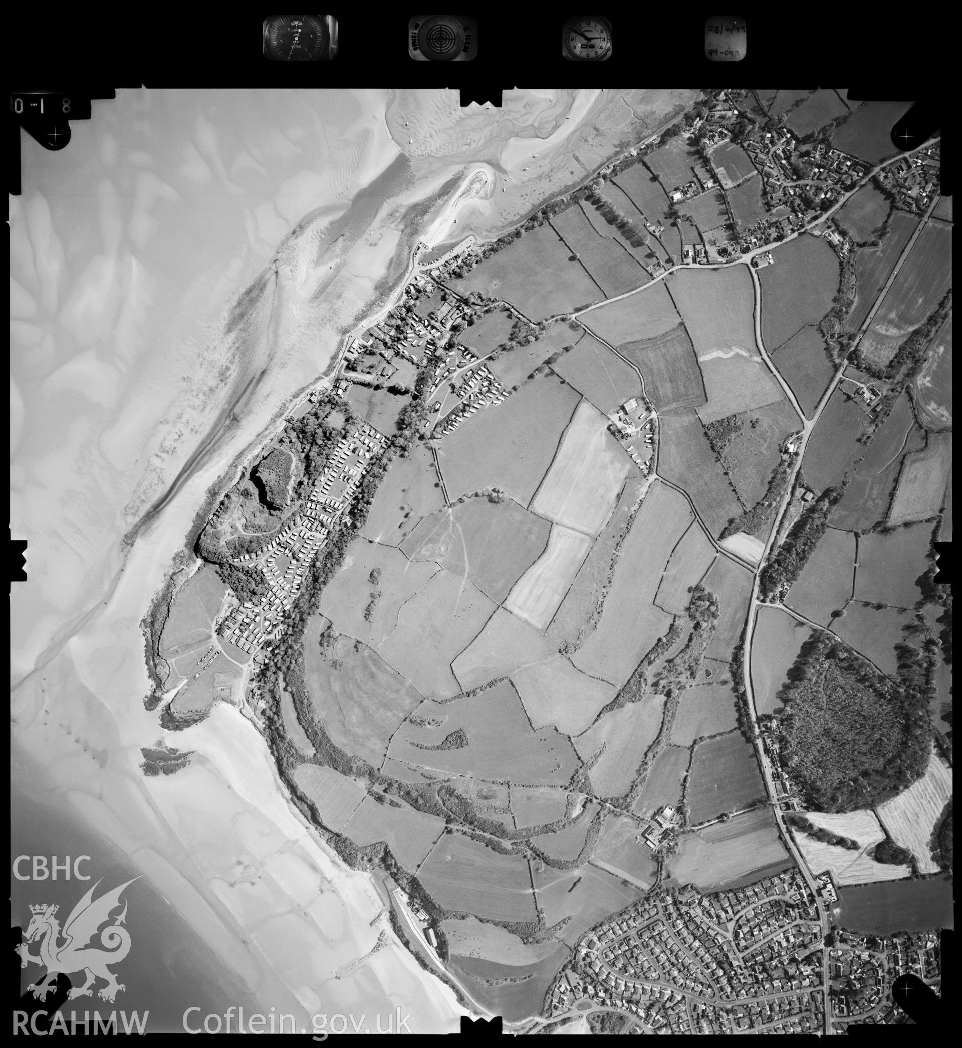 Digitized copy of an aerial photograph showing the Castle Bank area on Anglesey, taken by Ordnance Survey, 1999.
