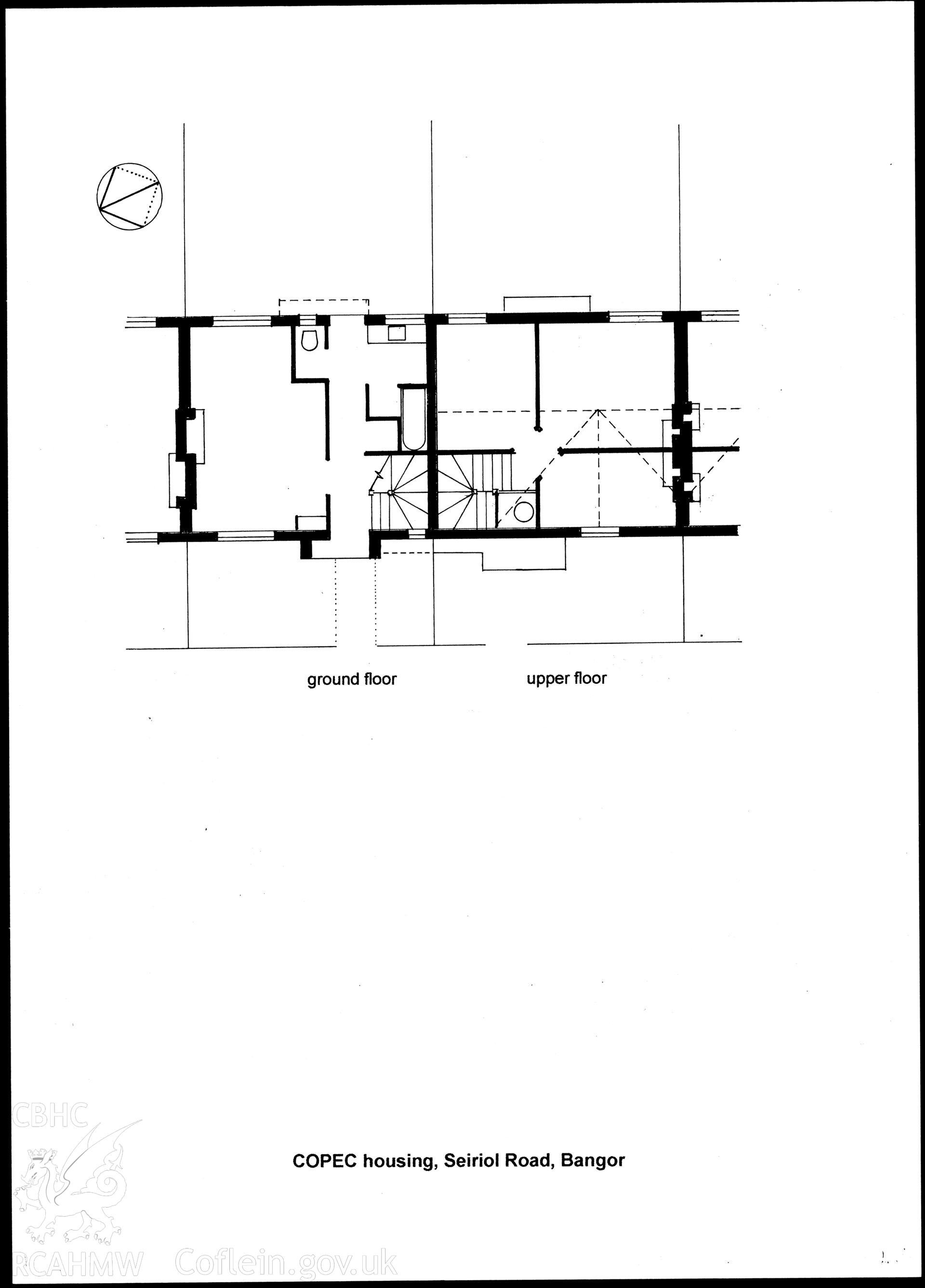 Upper floor and ground floor plans of Copec Housing, Siriol Road, Bangor, produced by Adam Voelcker, 2009. 'Herbert Luck North. Arts and Crafts Architecture for Wales', page 70.