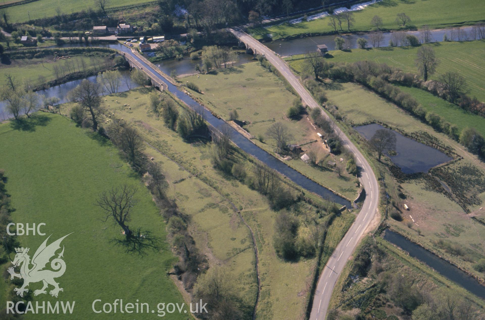 Slide of RCAHMW colour oblique aerial photograph of Vyrnwy Aqueduct, taken by C.R. Musson, 1990.
